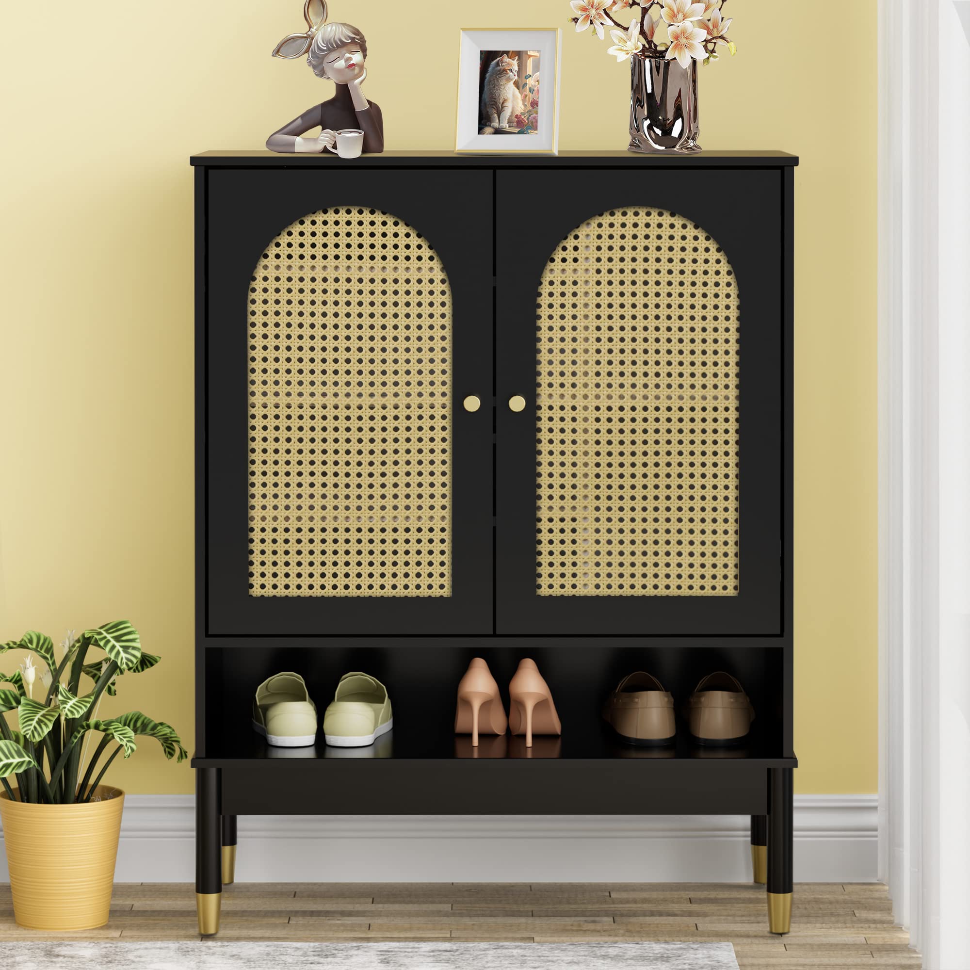 Anbuy Shoe Cabinet for Entryway, Black Narrow Shoe Storage Cabinet Wood Multi-Layer Rattan Shoe Organizer for Home and Apartment