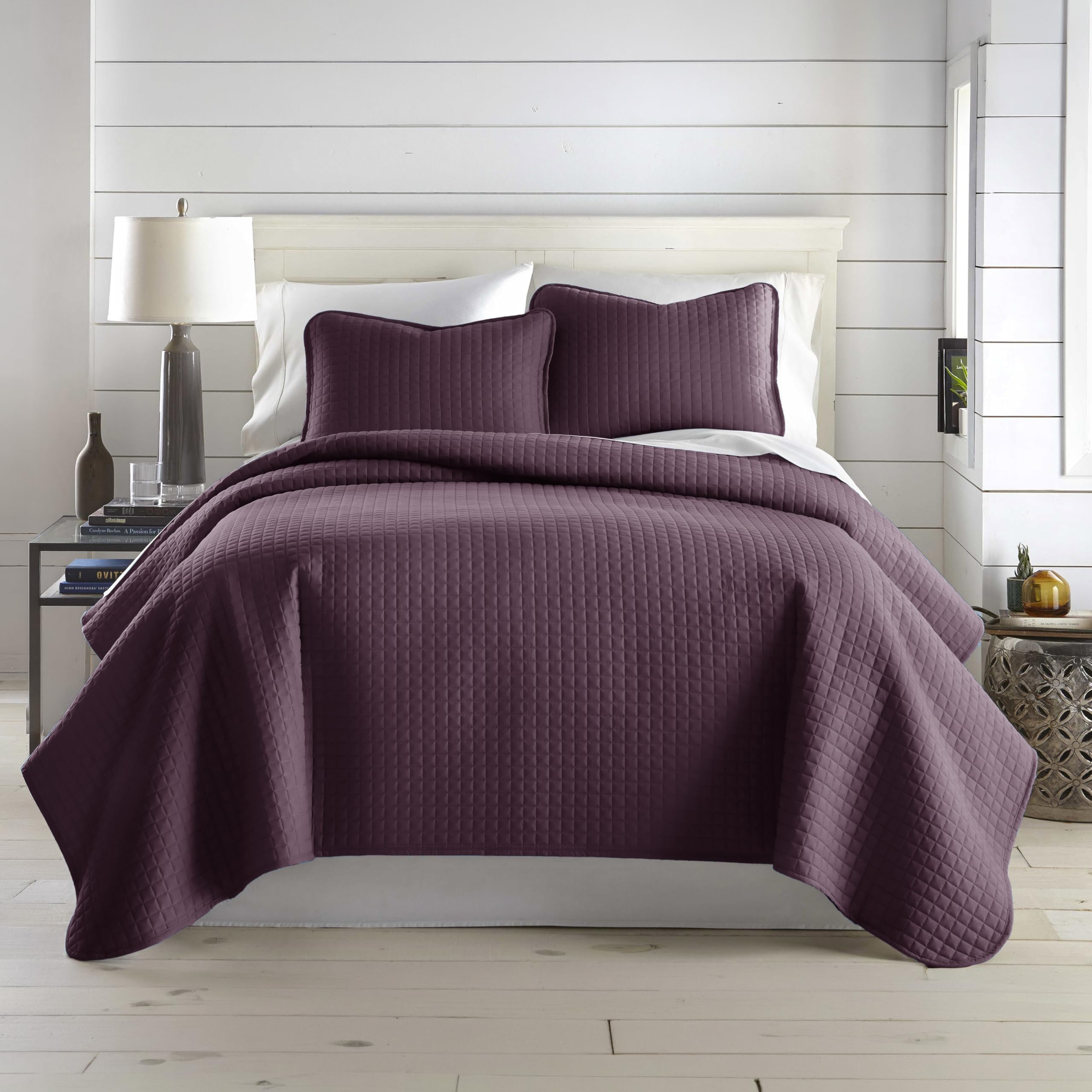 King Size Quilt Bedding Set with 2 Quilted Pillow Shams, Purple Quilts