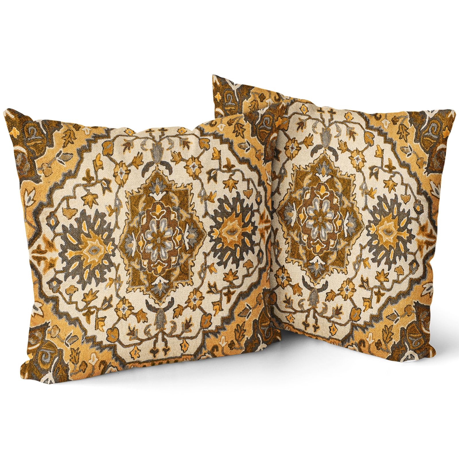 Mustard Yellow Brown Vintage Bohemian Pillow Covers 20x20 Inch Beige Gold Charcoal Boho Flower RugOriental Carpet Pillow Cases Set of 2 Antique Tapestry Rustic Throw Pillows For Cushion Couch Outdoor — image 1