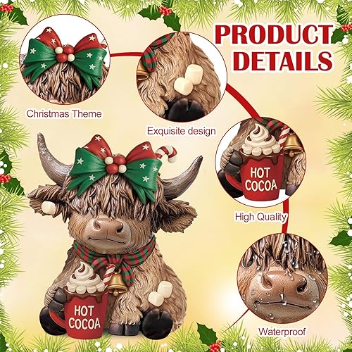 Miniatura 4 de Karenhi 2 figuras de vaca de las tierras altas, gnomos de vaca de las tierras altas, estatua de resina escocesa, regalos para Navidad, hogar,