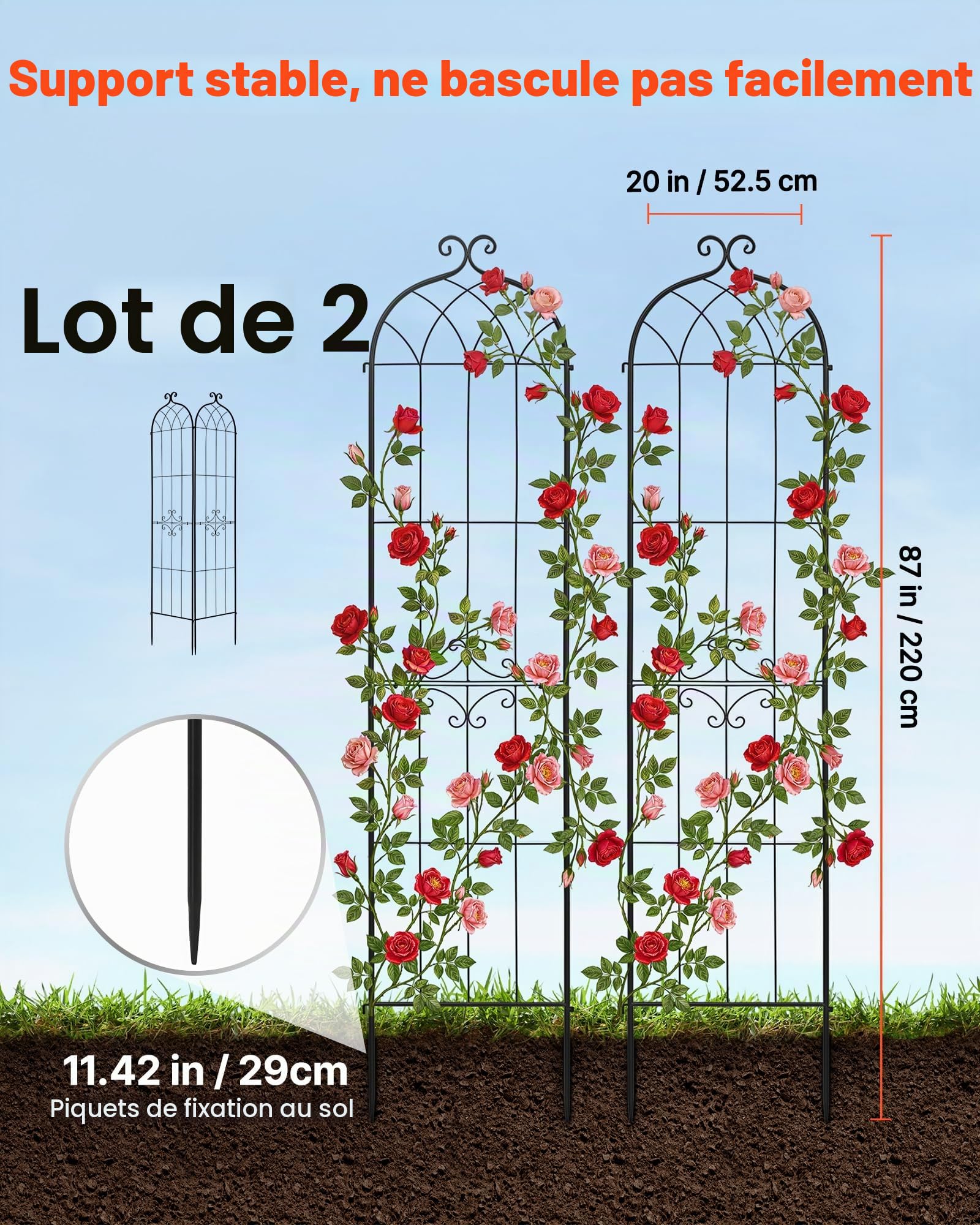 VEVOR Treillis de Jardin Métal 52,5x220 cm Support de Plante Grimpante Lot de 2 Treillis pour Rosiers, Tomates, Concombres, Fleurs Légumes Grimpants, avec Revêtement en Poudre, Système de Verrouillage