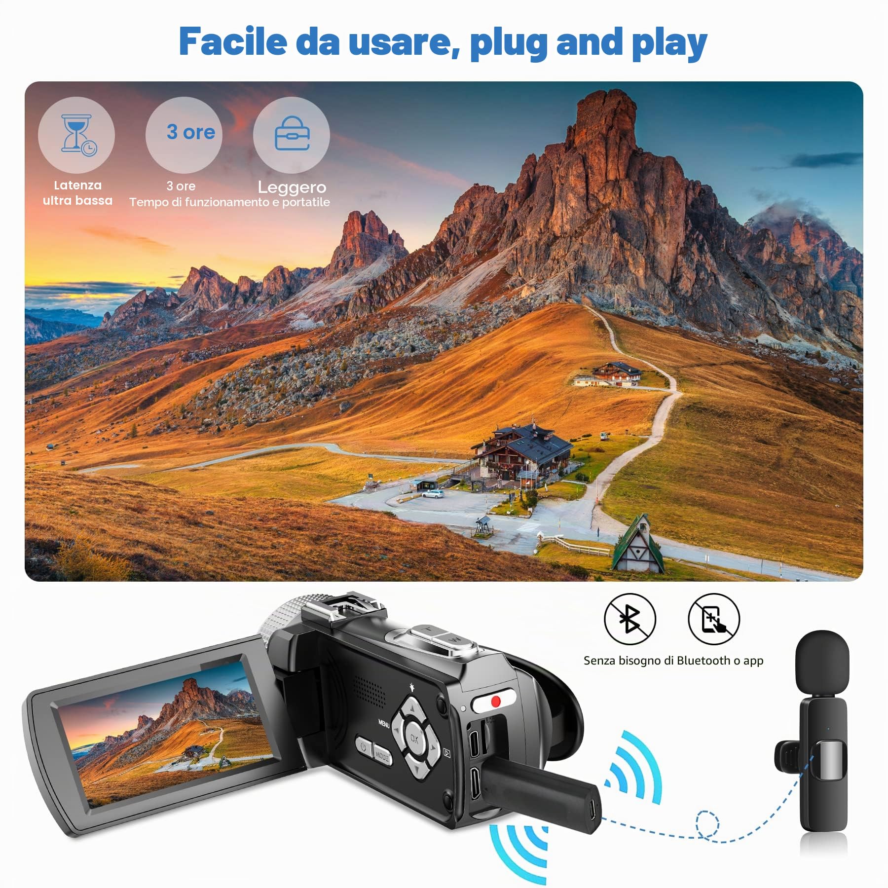 Videocamera 4K 48MP 60fps, zoom digitale 18x, schermo IPS girevole 360°, ideale per YouTube, vlogging e FHD 1080p, incl. telecomando, 2 batterie