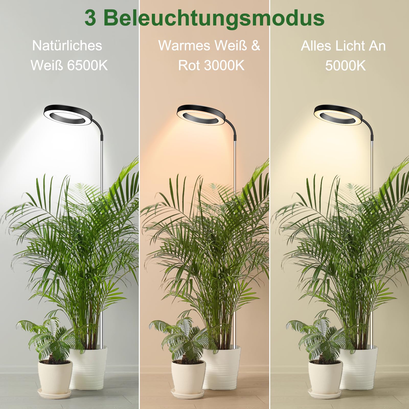 wolezek Pflanzenlampe LED Vollspektrum, 80 LEDs 6500K Grow Light, 160cm Großes Grow Lampe, 3 Farben Pflanzenlicht mit 360° Schwanenhals, 6/12/16H Timer, 5 Helligkeit, Höhenverstellbar, Schwarz