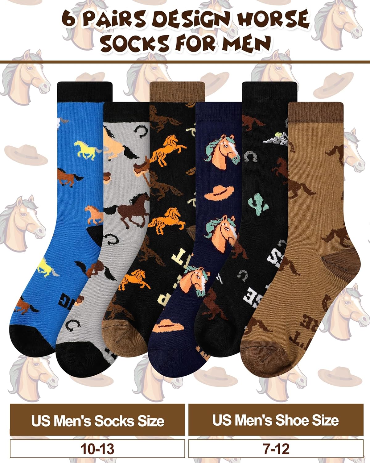 Eurzom 6 Pairs Novelty Horses Socks for Men Funny Gifts Holiday Crew Dress Socks Western Cowboy Riding Gift for Horse Riding Lovers Equestrian Derby Party - Image 4