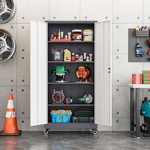 Miniatura 2 de heycode Gabinete de almacenamiento con bloqueo de metal con 2 puertas y 4 estantes ajustables armarios de almacenamiento de garaje de acero de 71