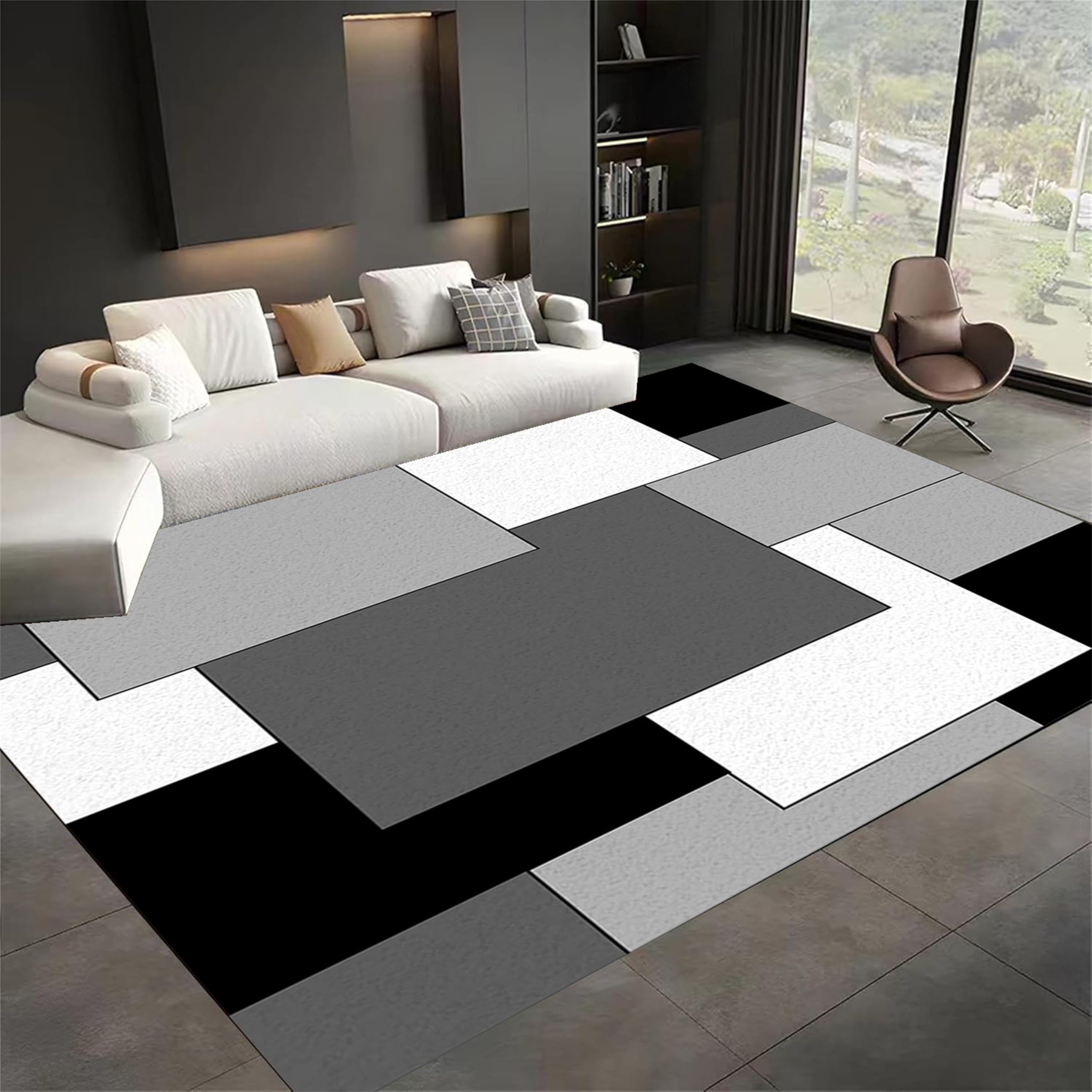 Gray Black Geometric Area Rug 4x5ft Geometric Style Durable Super Soft Rugs Abstract Color Block Gray Black White Carpet Rubber Backing Floor Mats for