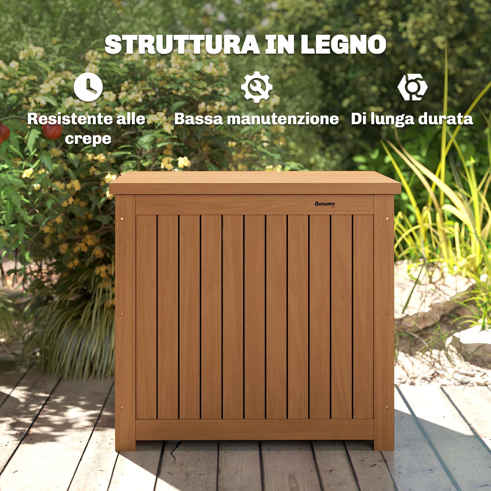 Outsunny Baule da Esterno 130L Legno Coperchio Cerniera, Contenitore Giardino Protezione UV, 63x51x58.5 cm, Marrone