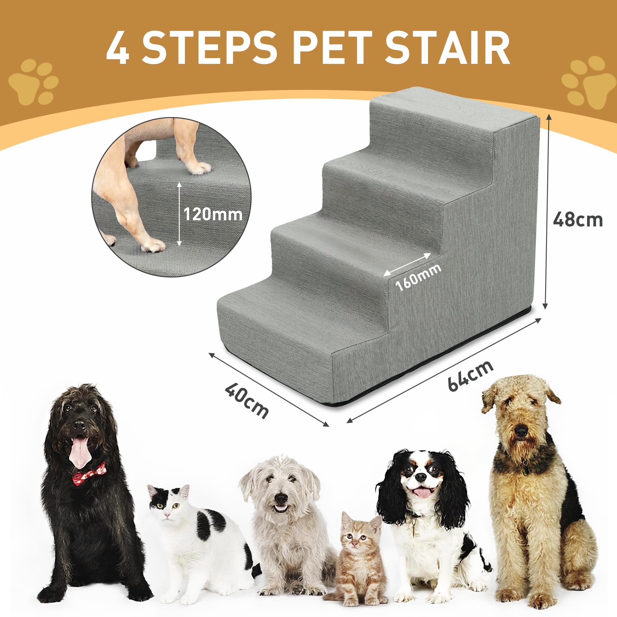 Dog Stairs to Bed, 4 Steps Dog Stairs for Couch, Pet Steps for Small Dogs and Cats to High Beds High-Density Foam Dog Stairs with Non-Slip Waterproof Fabric Cover, Balanced Dog Steps, Grey
