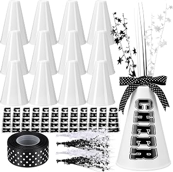 12 Pcs White Cheer Megaphone Bulk, Plastic DIY Megaphone Party Accessory, Cheerleading Centerpiece Decor for School Cheers Sports Match Game Outdoor Activities Prop Noisemaker