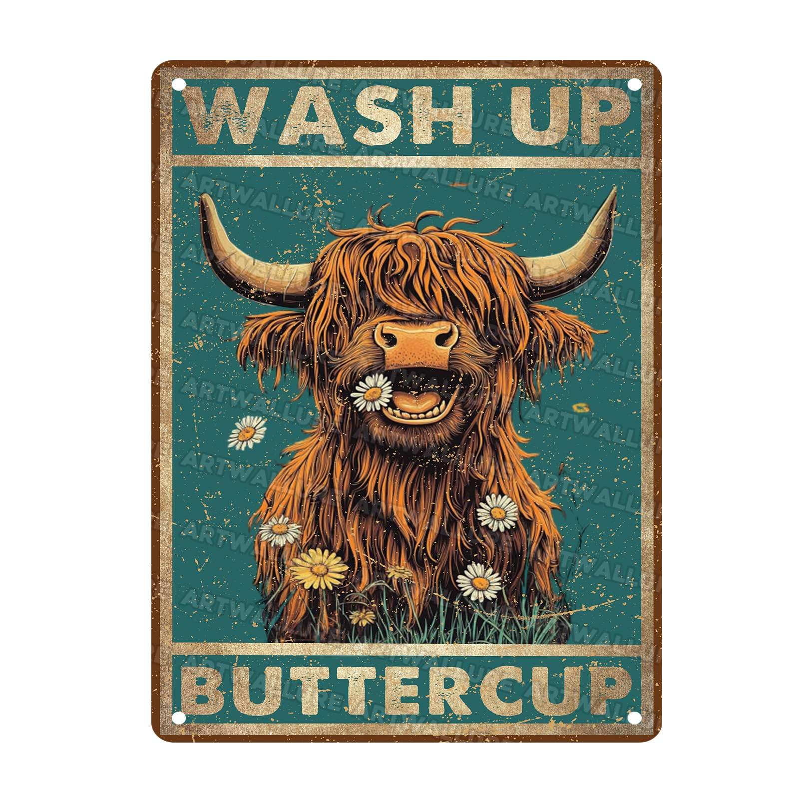 Highland Cow Vintage Metal Poster Wash Up Buttercup Retro Funny Bathroom Wall Art Metal Tin Sign for Farmhouse Toilet or Lodge Decor 12x16Inch