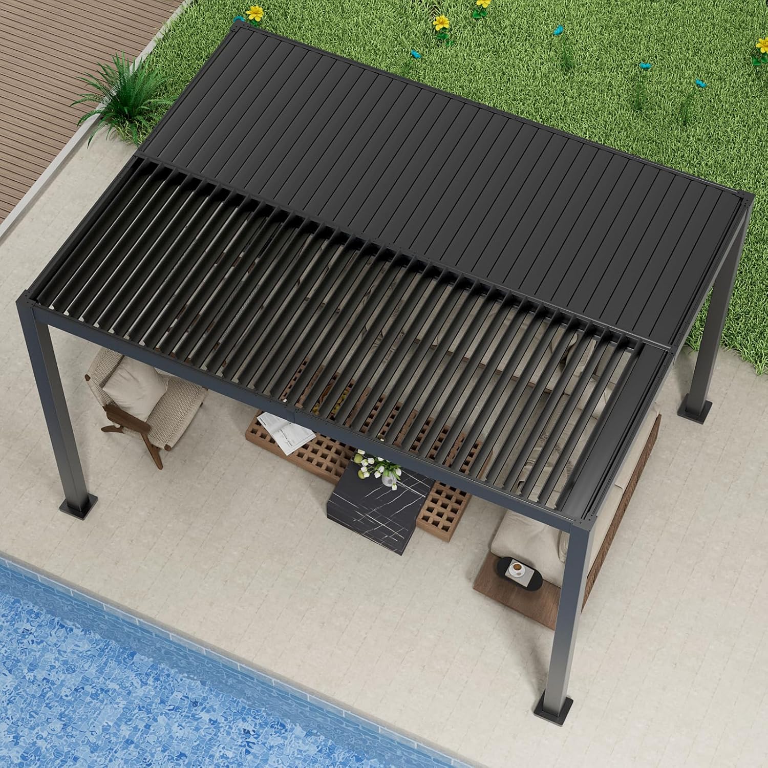 Outdoor Louvered Pergola 10'×12', Aluminum Louvered Pergola, Aluminum Outdoor Deck Gazebo with Adjustable Roof & Curtains, for Garden, Patio, Backyard, lawns, Beach (Black, 10' × 12' with Curtain)