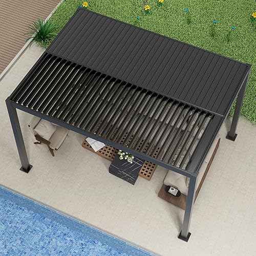 Outdoor Louvered Pergola 10'×13', Aluminum Louvered Pergola, Aluminum Outdoor Deck Gazebo with Adjustable Roof, for Garden, Patio, Backyard, lawns, Beach (Black, 10' × 13')