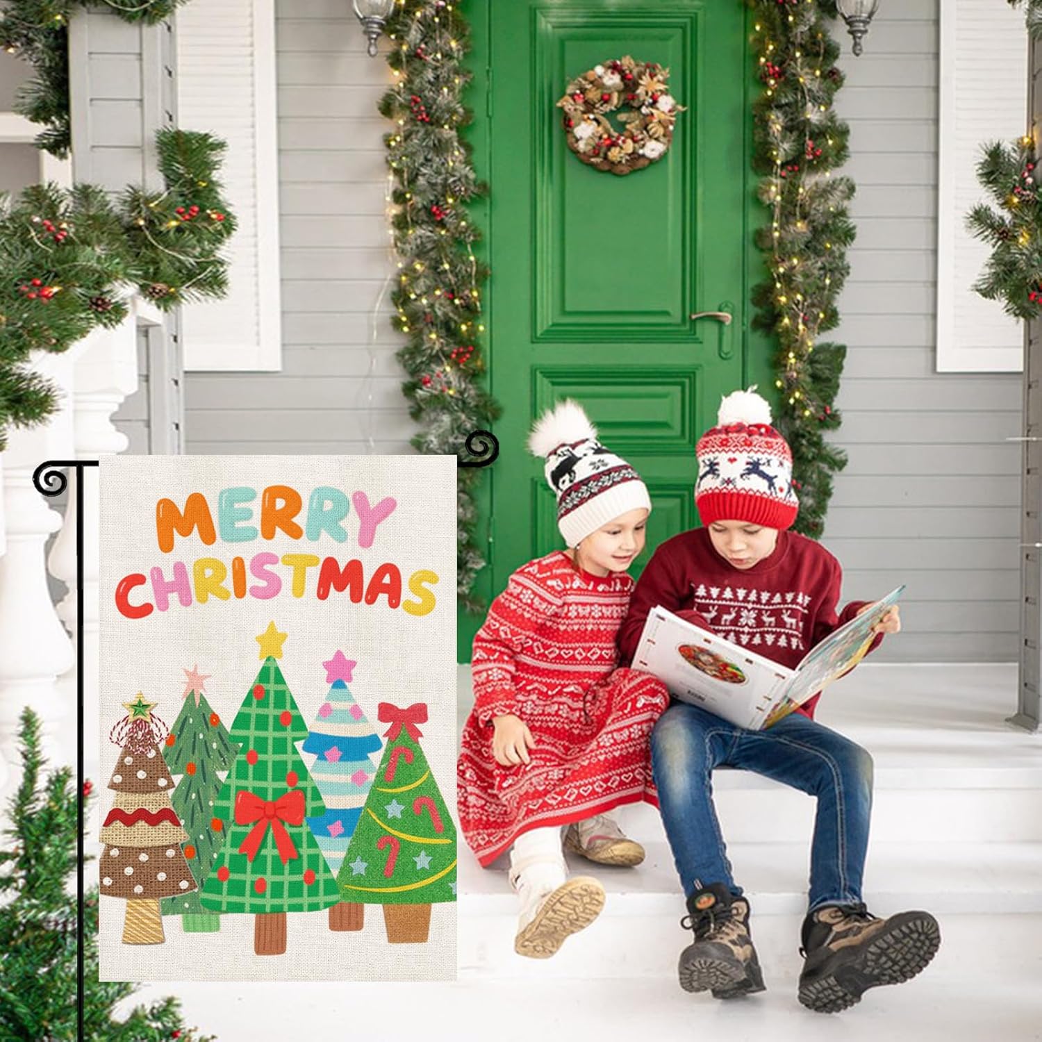 Merry Christmas Garden Flag,12x18 Inch Double Sided Outside Garden Flag, Cartoon Christmas Tree Snowflake Winter Holiday Yard Outdoor Decorative Flag for Outesid - Image 5