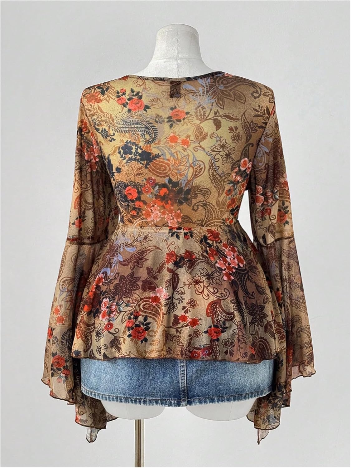 Women's Y2k Plus Size Hippie Vintage Top Boho Paisley Lace Trim Bell Sleeve Tops - Image 2