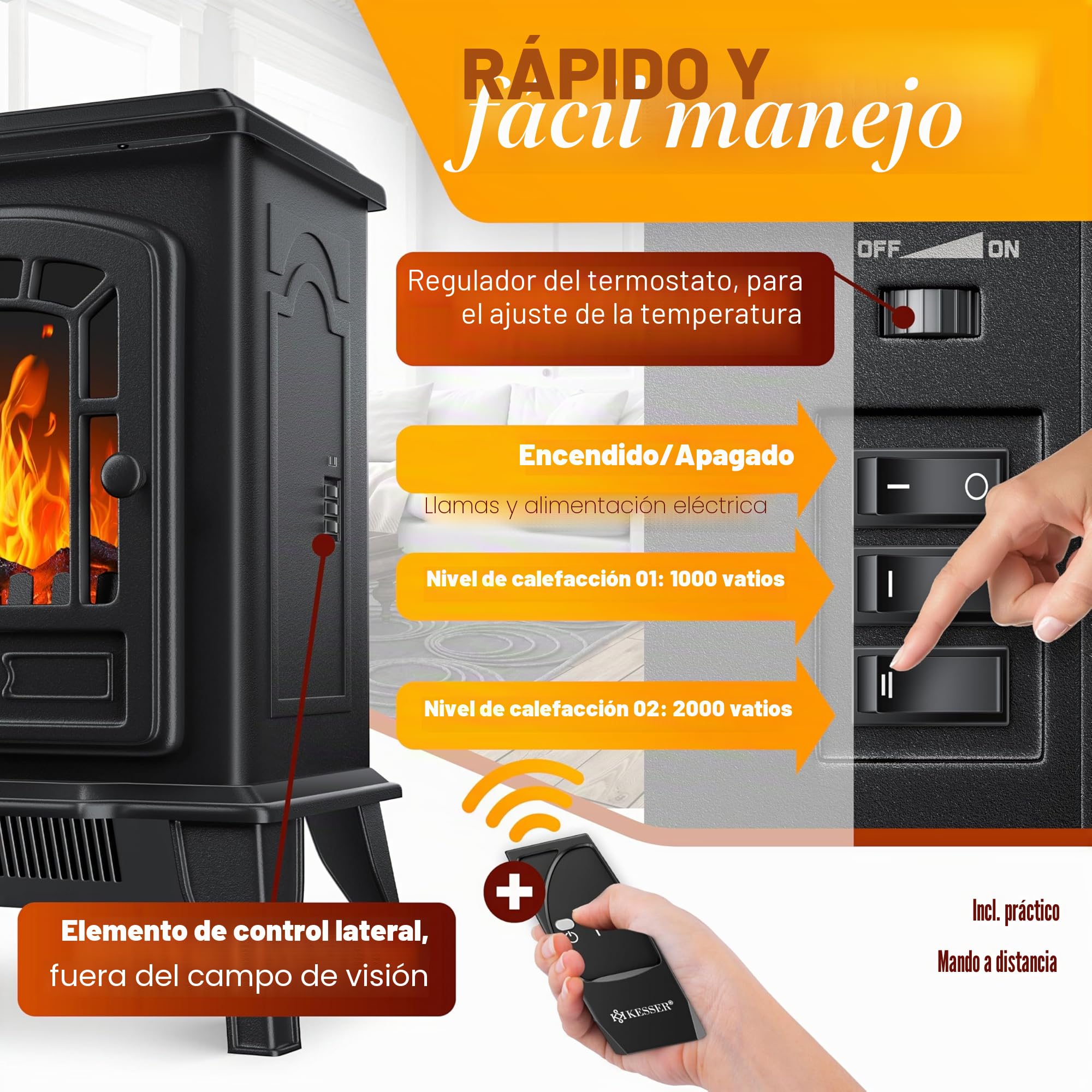 KESSER® Estufa eléctrica con Ventilador de 2000W Calentador eléctrico Estufa LED Efecto Llama, bajo Ruido, Ajustable, Negro