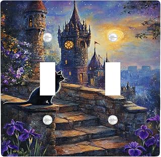 Mystical Night Light Switch Cover Plate, Cat on Stone Steps with Castle, Fantasy Wall Decor, Standard Size, Thermoplastic Double Toggle