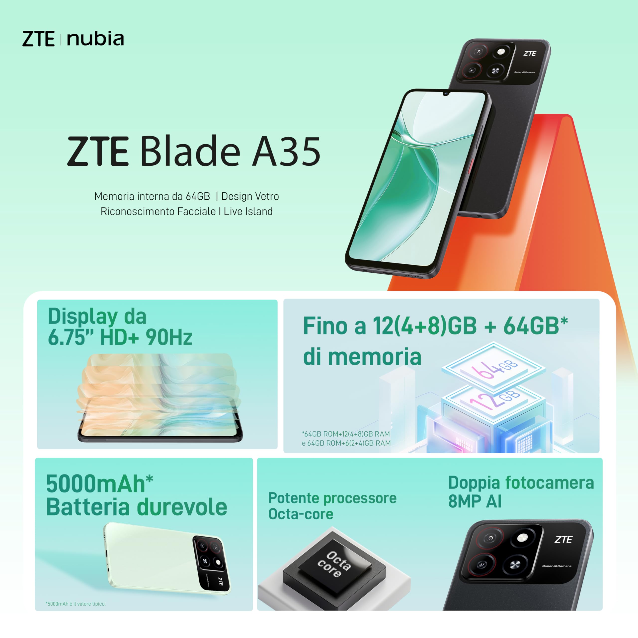 ZTE Smartphone Blade A35 - RAM 12GB (4GB +8GB memory fusion) + 64