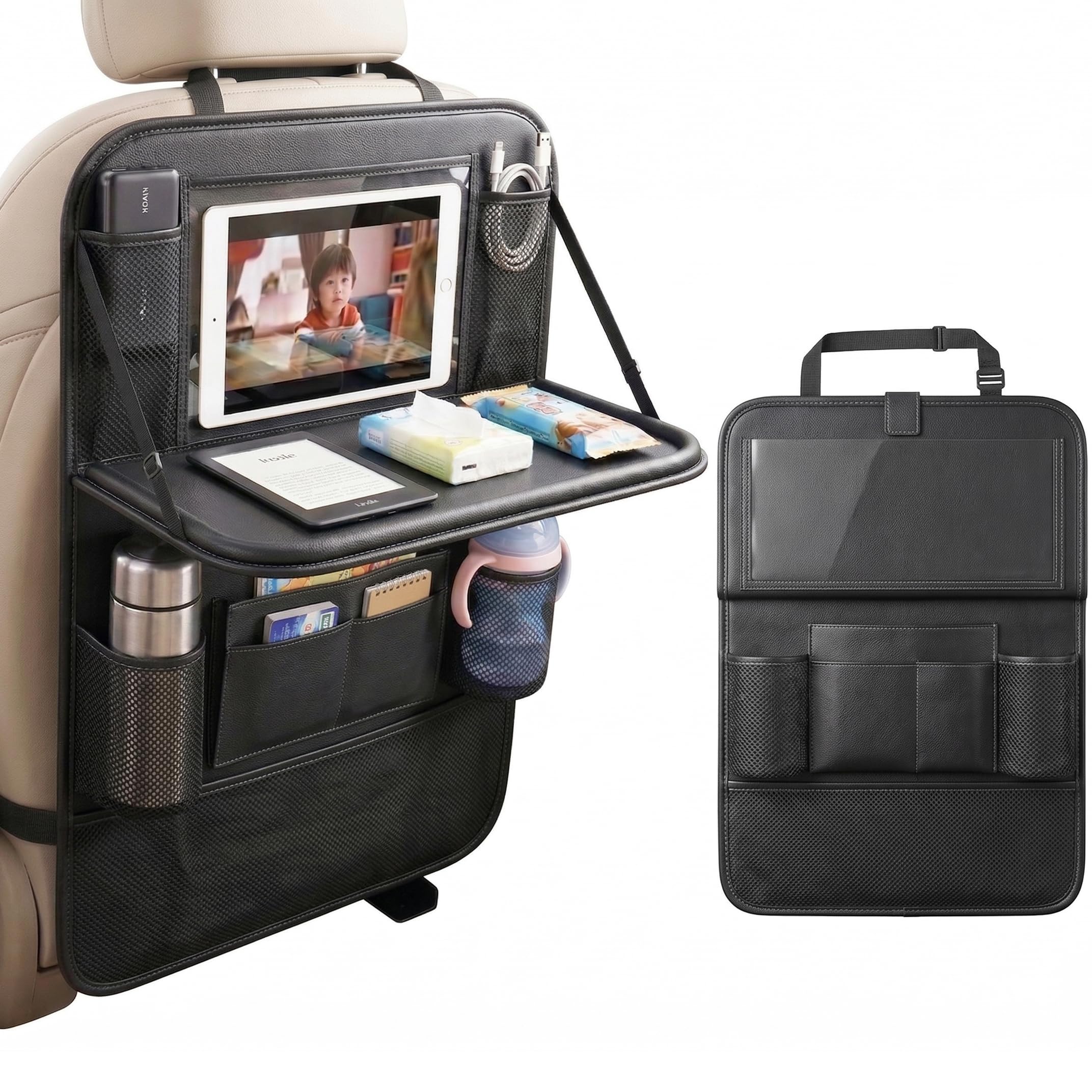 Generisch Auto Rücksitz Organizer Kinder mit Klapptisch, Autositz Organizer Rückenlehnenschutz Wasserdicht, Sitzschutz Auto Rücksitz, Tablet Halter Aufbewahrungstasche mit 9 Fächern, 42×61 cm