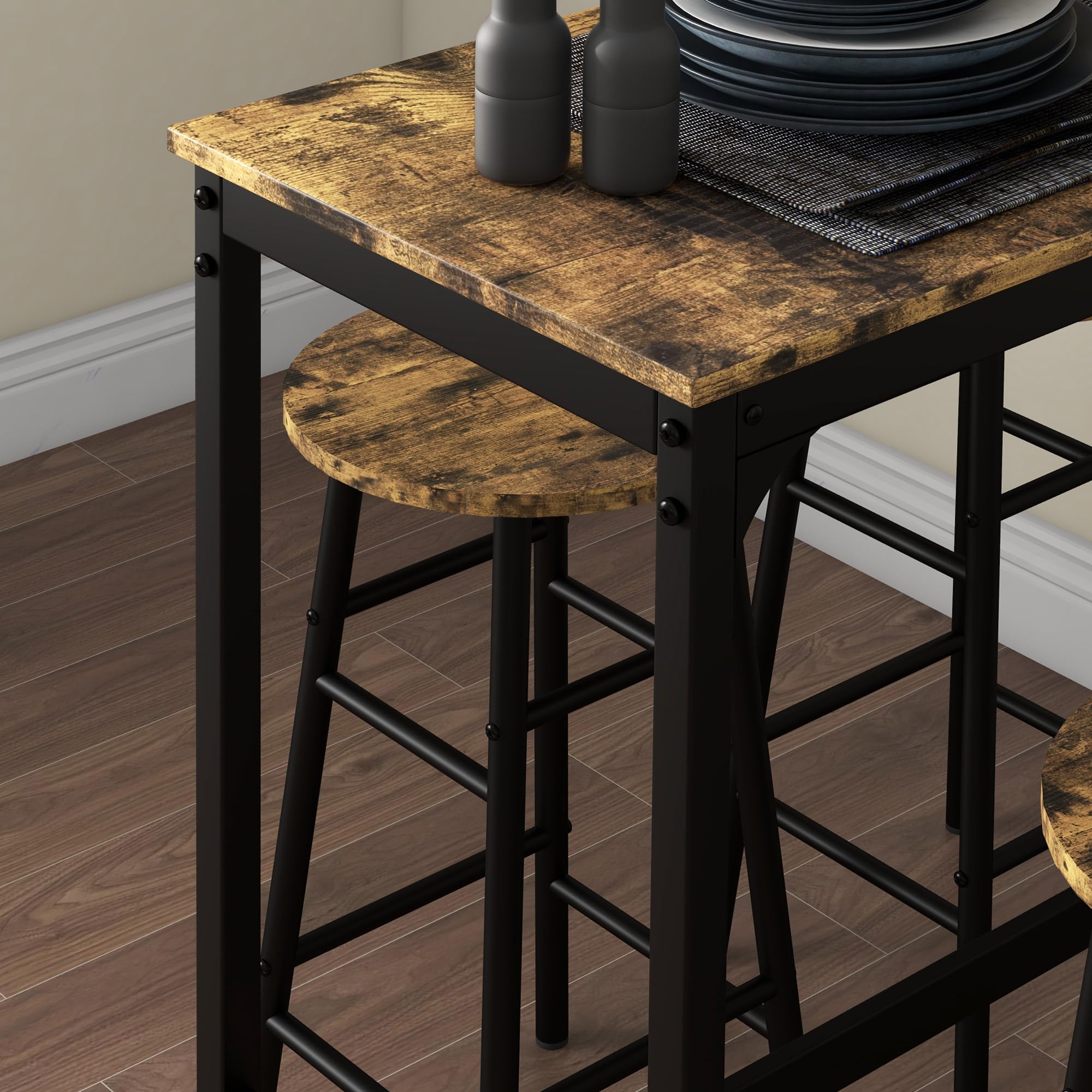HOMCOM Set Tavolo Rettangolare 4 Posti e Sedie, 4 Sgabelli Poggiapiedi in MDF e Acciaio, Poggiapiedi Ø30x60 cm e Tavolo Rettangolare 105x40x90 cm, Nero e Marrone