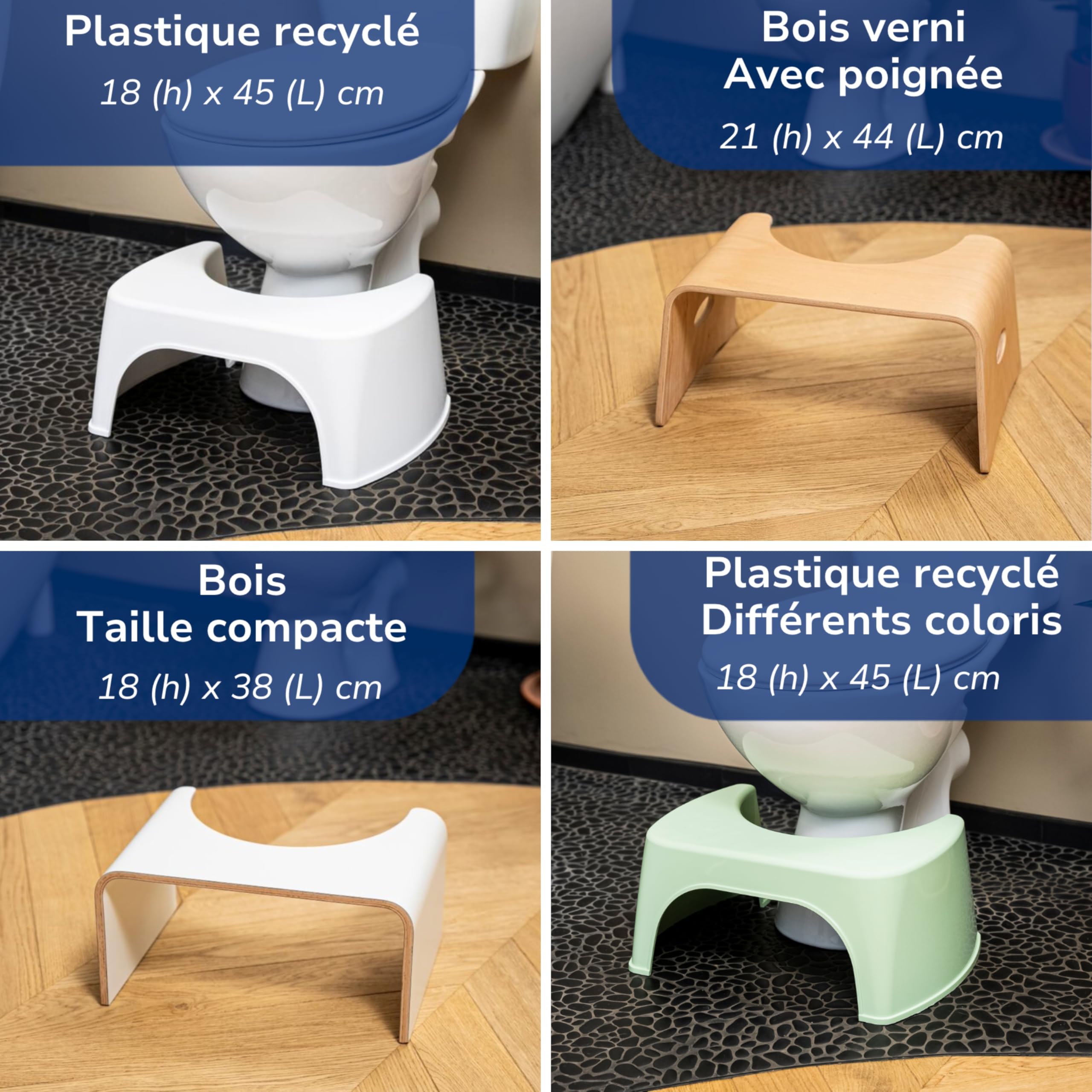 Tabouret de Toilette Physiologique Gris - Fabriqué en France en Plastique Recyclé - Marche Pied WC pour Adulte - Petit Banc Repose Pied pour Adopter la Position Squatty Anti Constipation