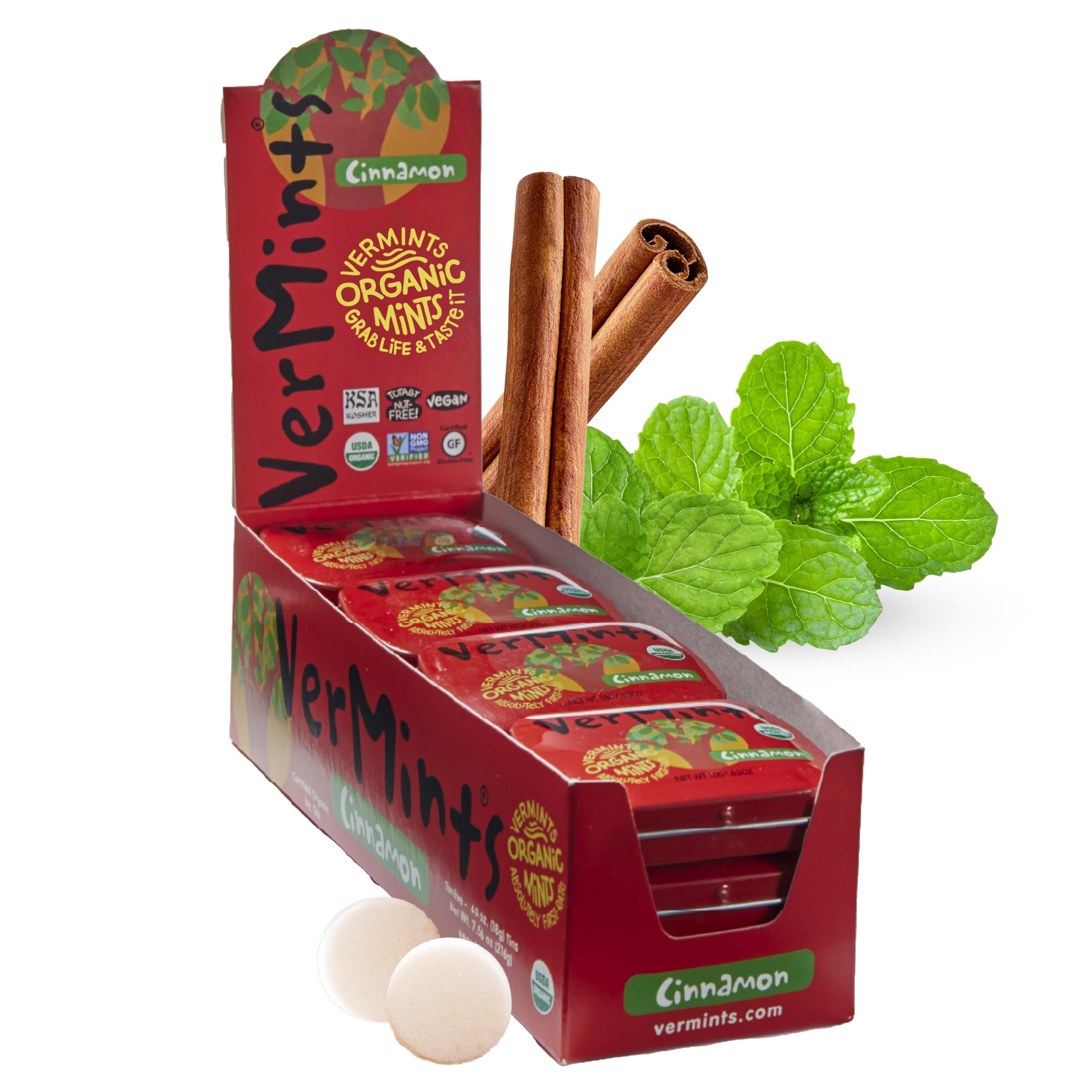 Organic Cinnamon Breath Mints - Real Lasting Cinnamon Refreshment - Travel Size Tin - Non-GMO, Nut Free, Gluten Free, Vegan & Kosher Organic Flavored Mints - .63oz/18g Pack of 12