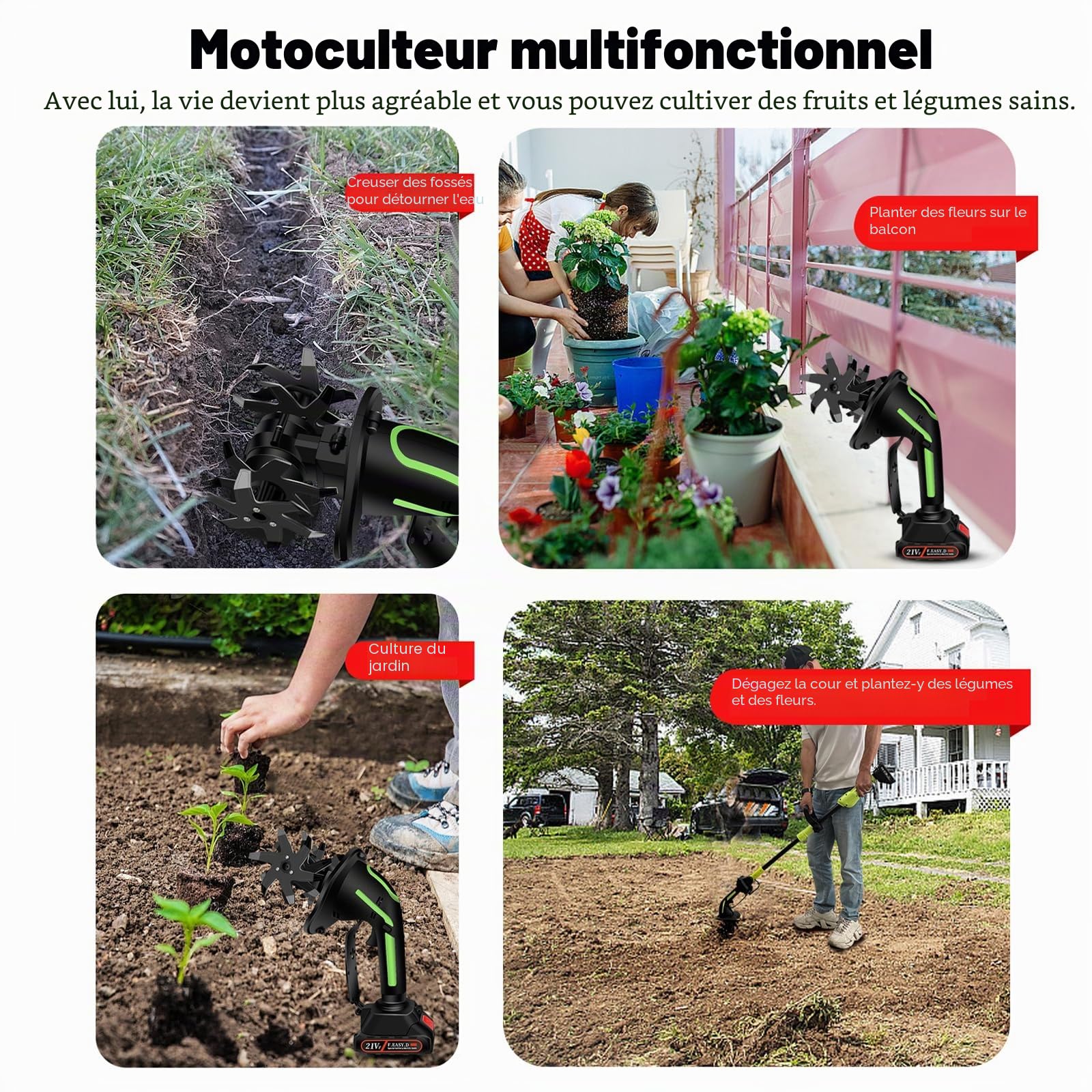 Motoculteur de Jardin sans Batterie, Mini cultivateur sans Fil avec Batterie 21V, houe électrique avec Tige Extensible, Largeur et Profondeur de Travail 10 cm, pour Labour et désherbage (2 Batterie)