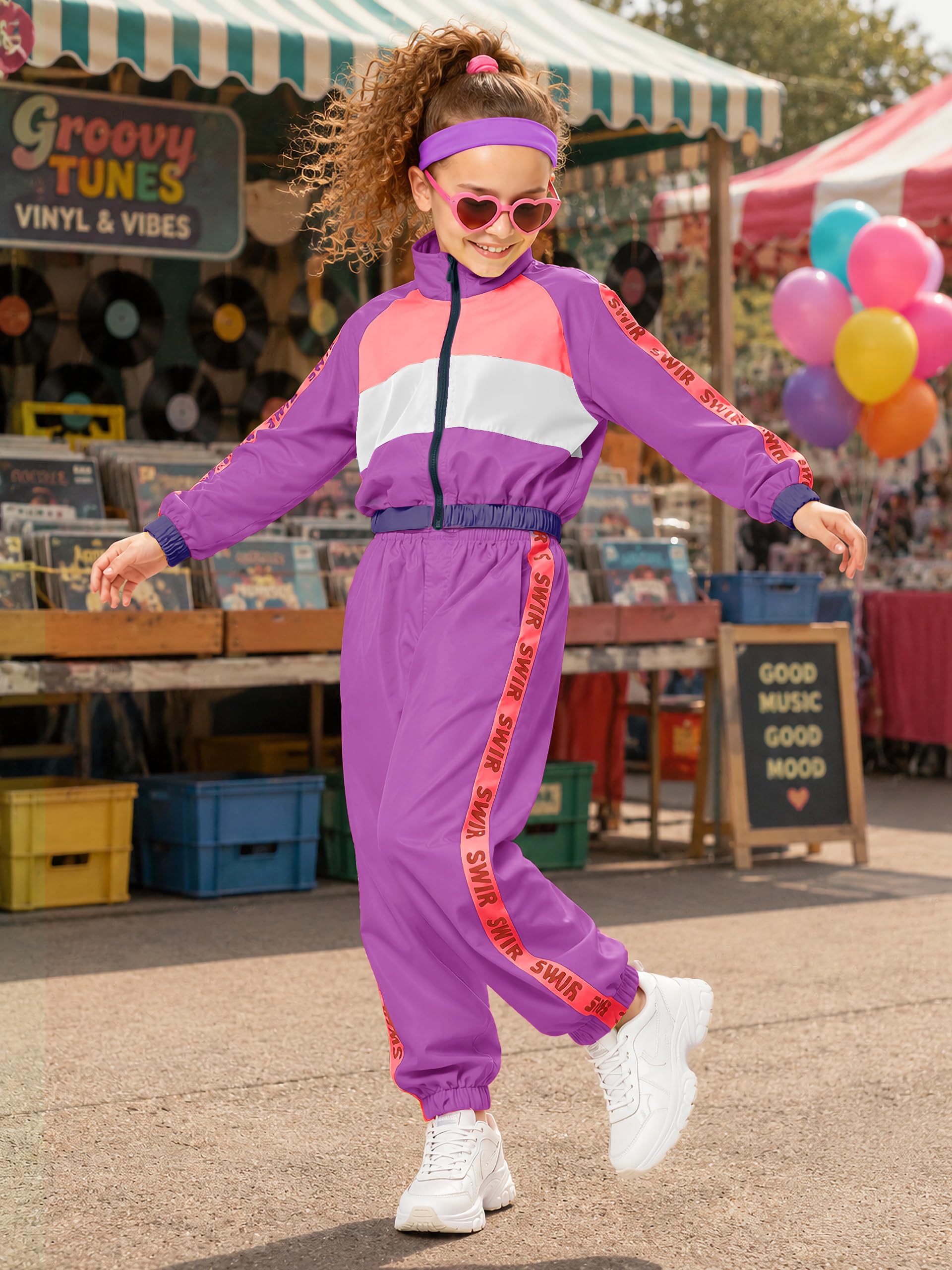 LOLANTA Conjunto de 3 piezas de ropa de hip hop para niñas, chándal retro de los años 80, camiseta sin mangas corta, chaqueta con cremallera y pantalones deportivos de 4 a 13 años