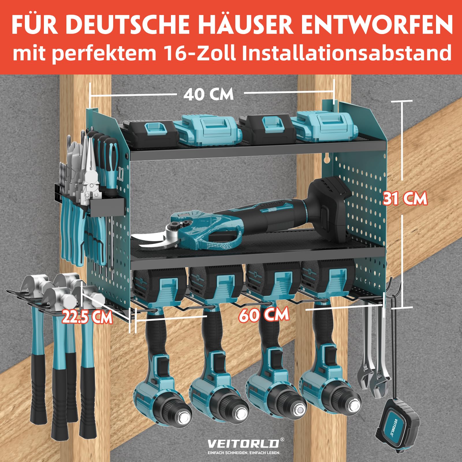 Veitorld Werkzeugwand, Werkstatteinrichtung Werkzeugschrank Lochwand, Werkstatt Werkzeug Organizer für Akkuschrauber Schraubendreher, Metall Werkzeughalter Wand für Bohrmaschine Bohrer Akku Baumarkt