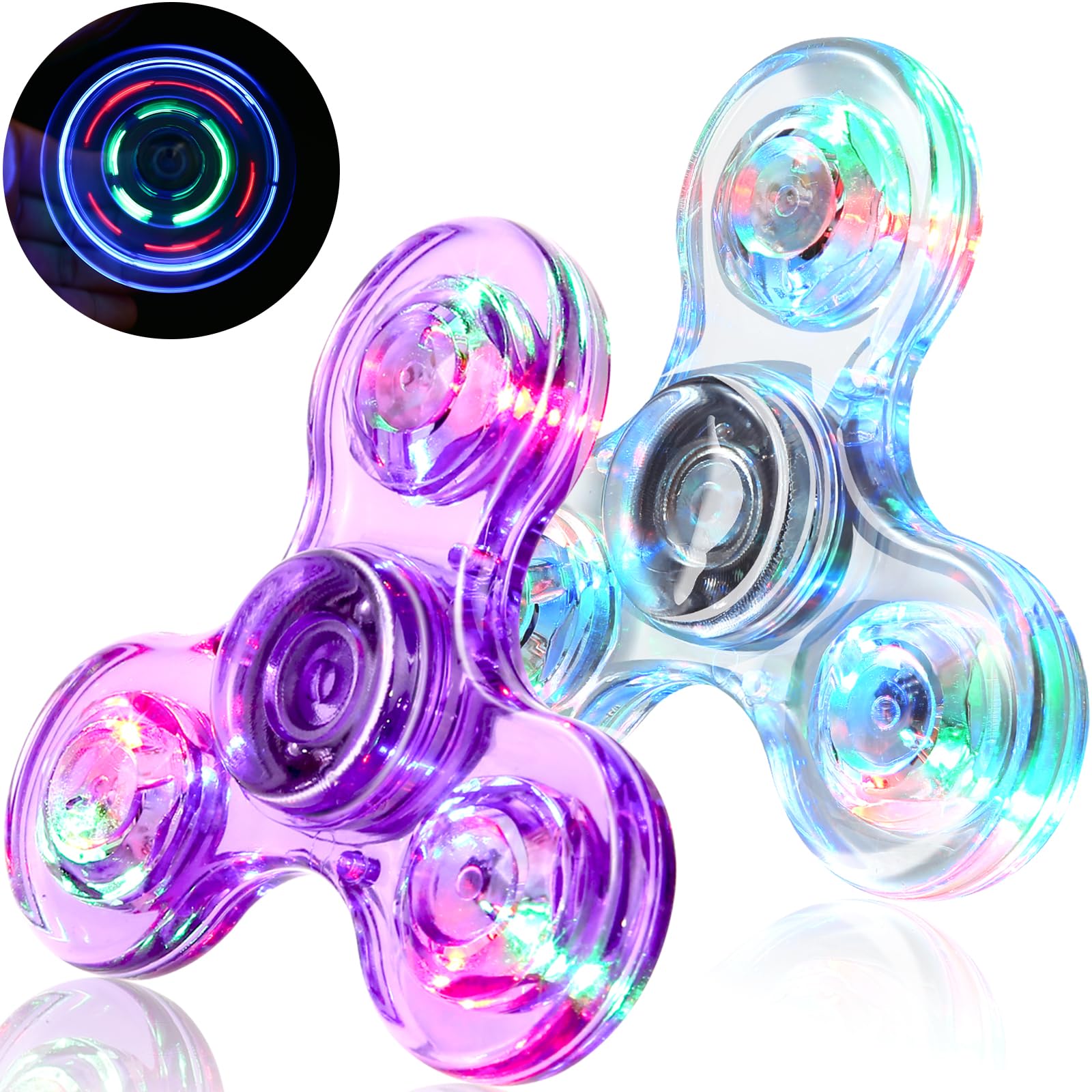 SCIONE 2PCS Crystal LED Light Fidget Spinner for Kids,Light Up Fidget Toys for Kids,Glow in The Dark Party Bag Fillers for Children Adults(Crystal- Purple and white)