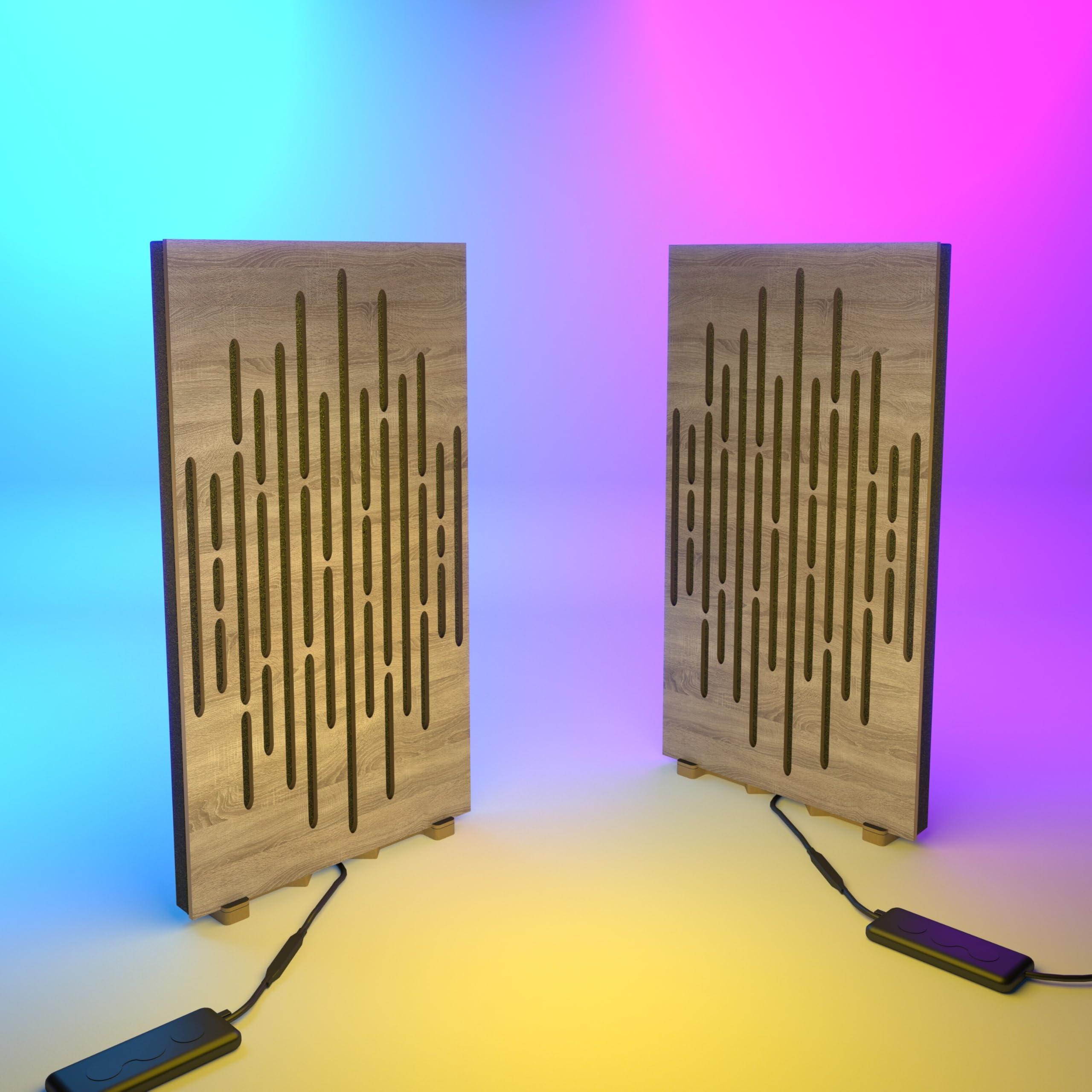 Pack de 2 paneles acústicos estrechos «WAVE-mini» con lámpara de escritorio RGB | Soporte móvil con base LED para mesa | Para estudios de podcast y salas de juegos | 50×25cm | Color: Sonoma