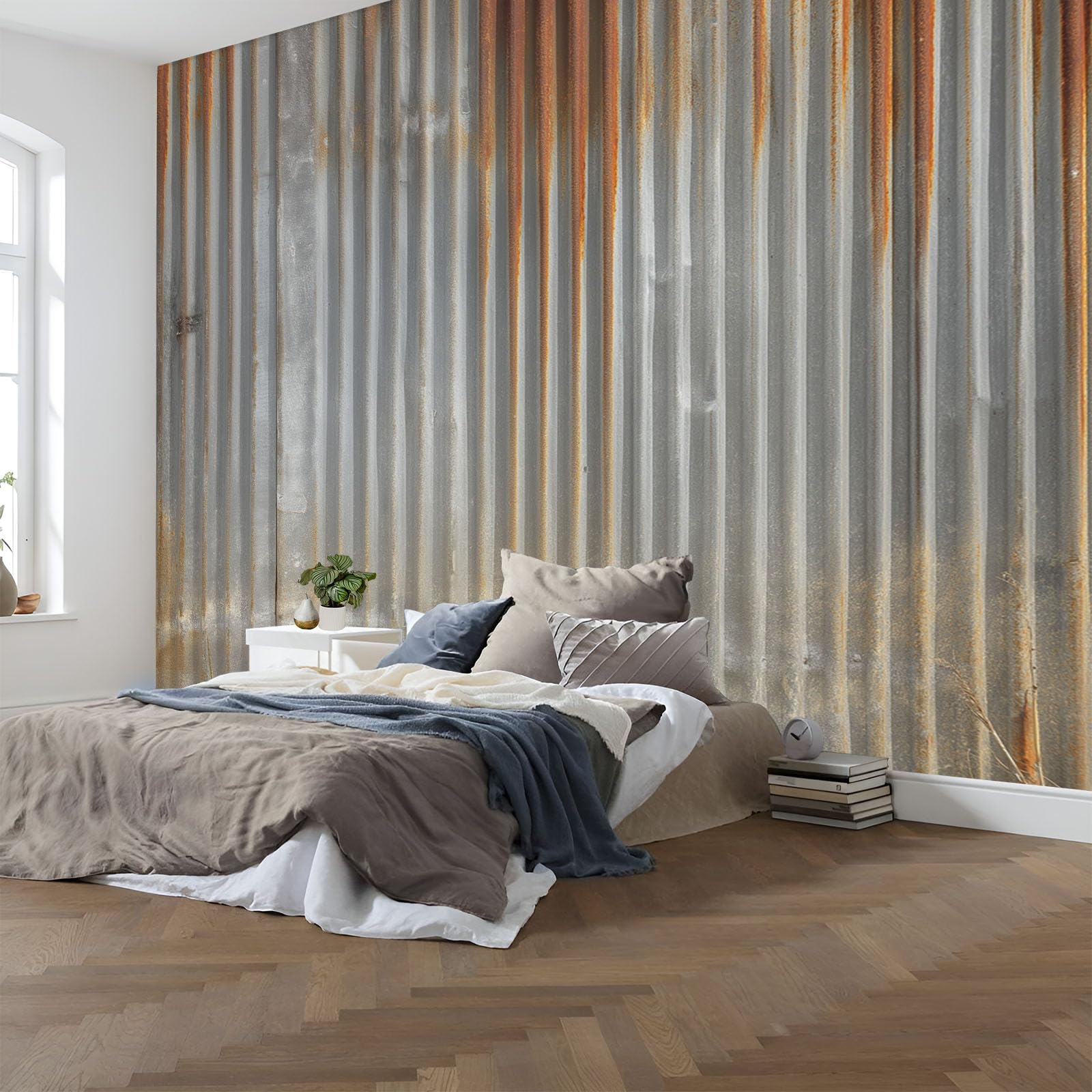 Poster Giganti da Parete Stile Stile Industriale Fotomurale Carta da Parati TNT Murale Grigio Decorazione da Muro,Vecchio Muro Di Metallo Fotografica Murale per Camera Letto Sala 250×175cm