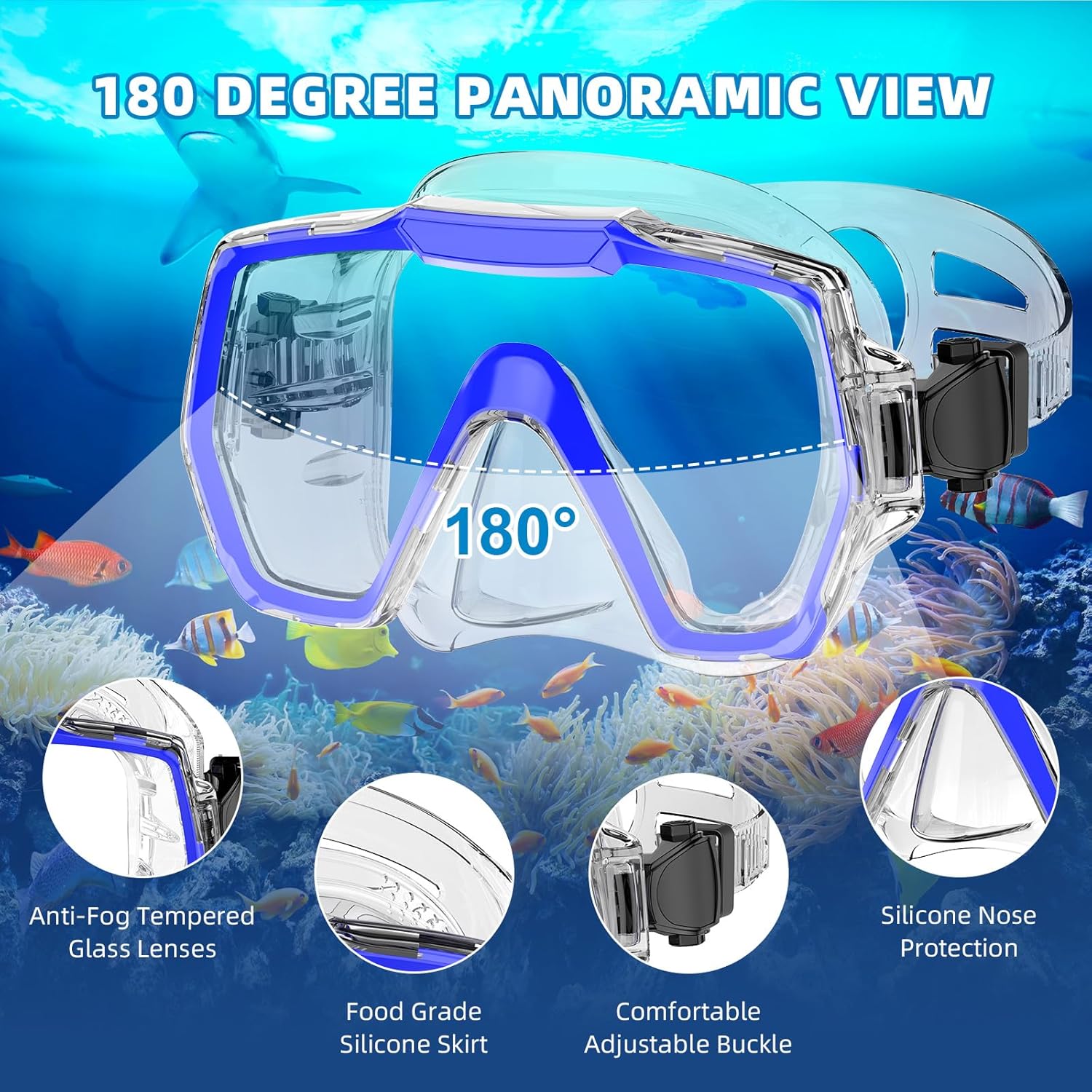Snorkel Set Adults Snorkeling Gear Anti-Leak and Anti-Fog Tempered Glass Lens Panoramic View Swim Mask Dry Top Snorkel Kit for Snorkeling Scuba Diving Swimming Travel with Carry Bag - Image 4