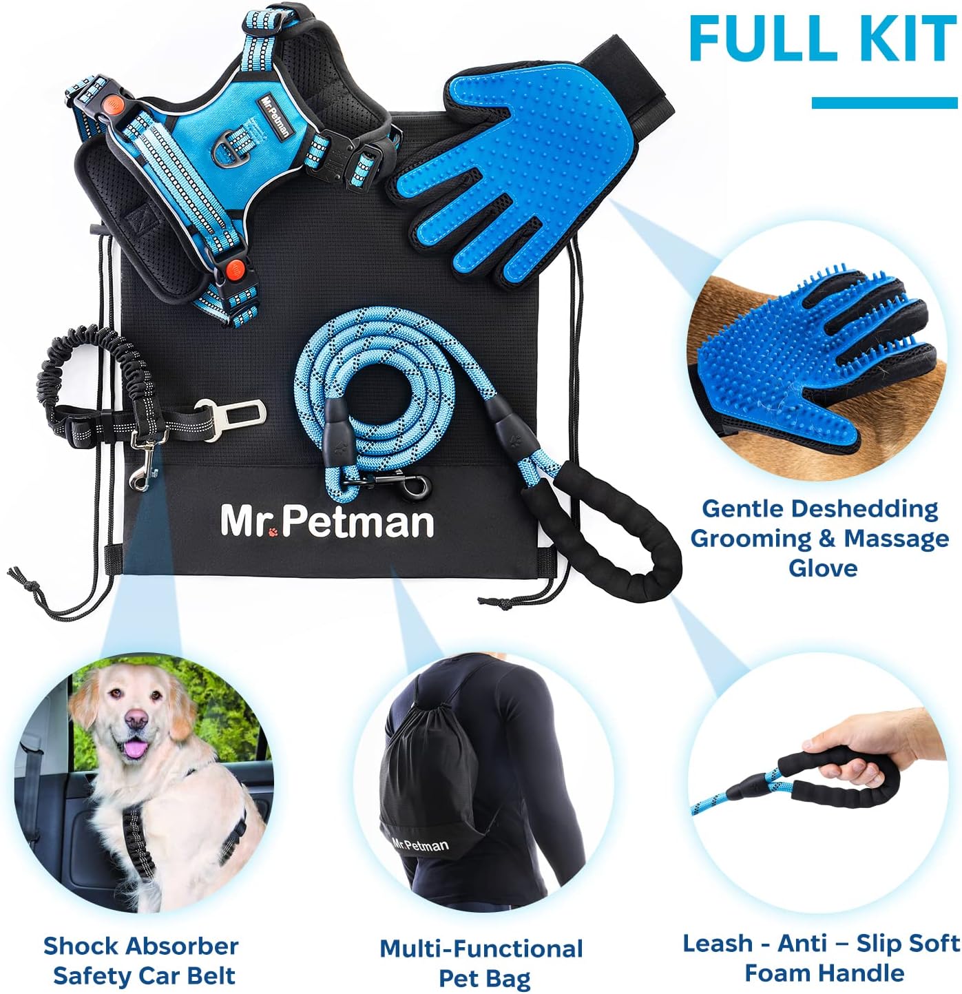 MR. PETMAN No Pull Dog Harness with Leash, Seat Belt, Grooming Glove - No Choke Dog Harness Set for Small Medium Large Dogs- Reflective Adjustable Dog Vest Harnesses with Handle for Walking Training : Pet Supplies