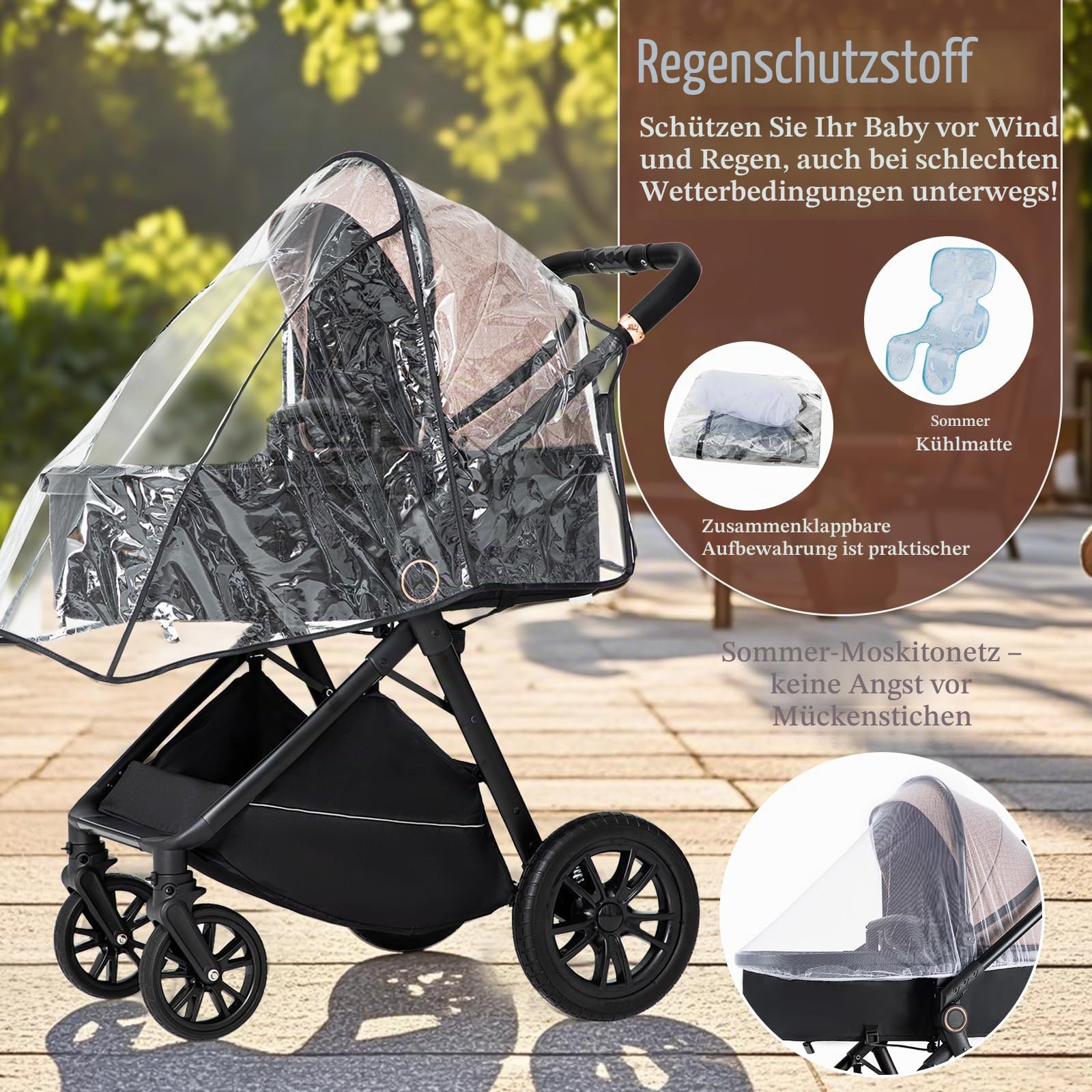 Kinderwagen 3 in 1, Zusammenklappbar kinderwagen Komplettset Becherhalter, Moskitonetz, Fußabdeckung Für Baby Erstausstattung Neugeborene(Khaki)