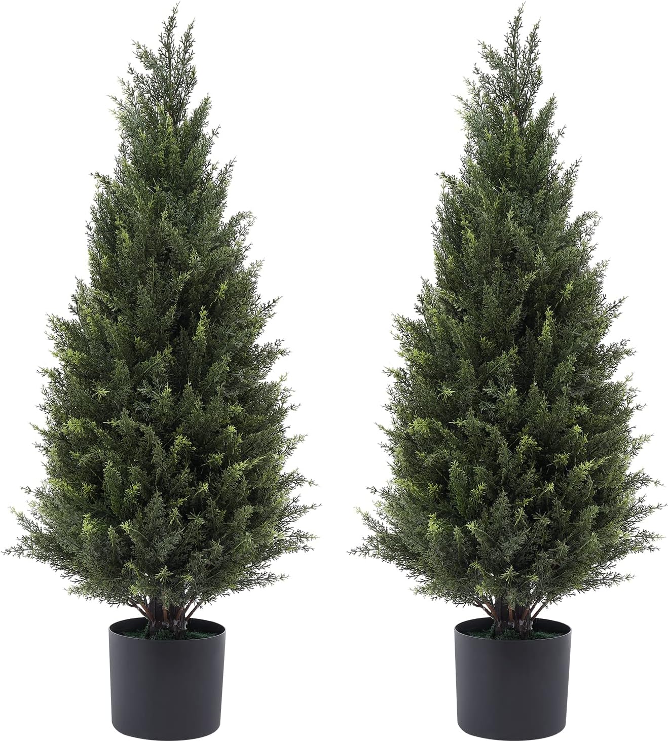 3ft(35”) Artificial Cedar Outdoor Artificial Shrub Sunlight Resistant Leafy Potted Plant for Indoor Porch of Home and Office Artificial Outdoor Tree 2 Pieces a Set Topiary Trees
