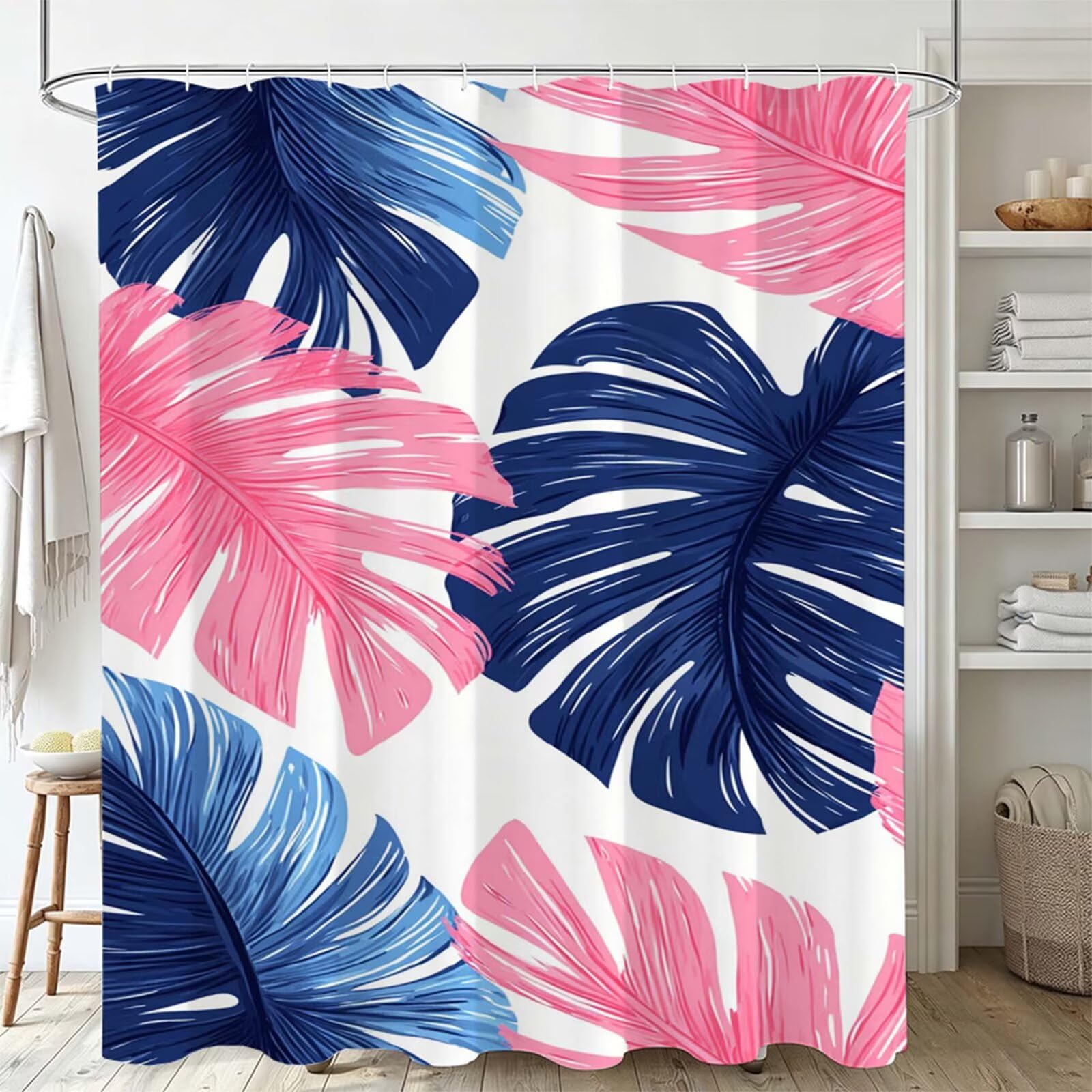 Duschvorhang 180x240cm, Duschvorhang Badewanne Hellrosa, Shower Curtain mit Ösen und 12 Duschringen, Beschwerter Saum, Maschinenwaschbar, Schnell Trocknend, Wasserdicht Polyester, Blätter J-755