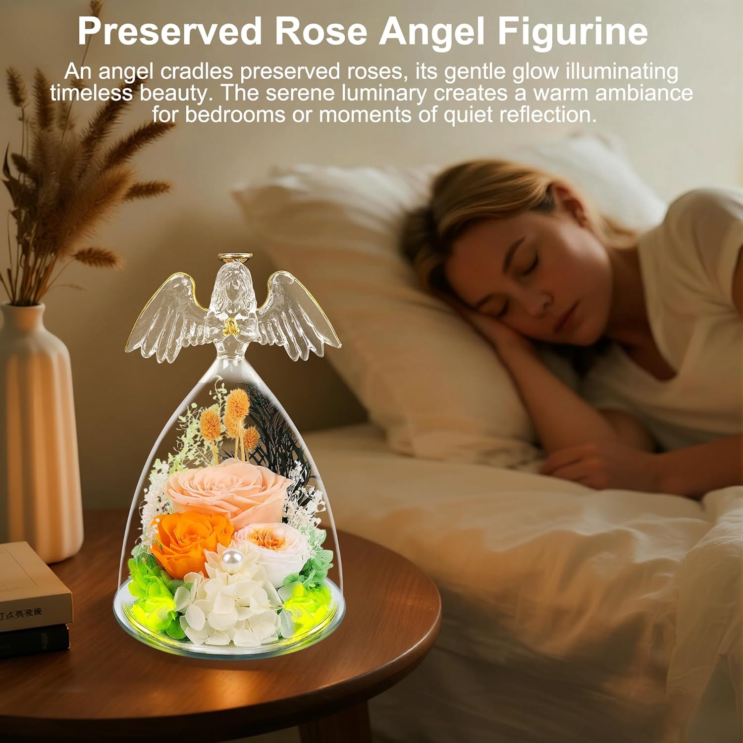 YOFIT Gifts for Women Mom-Preserved Roses in Glass Angel Figurine, Forever Fresh Flowers for Her Grandma, Gifts for Valentines Mother's Day Birthday (Champagne, Lights) - Image 6