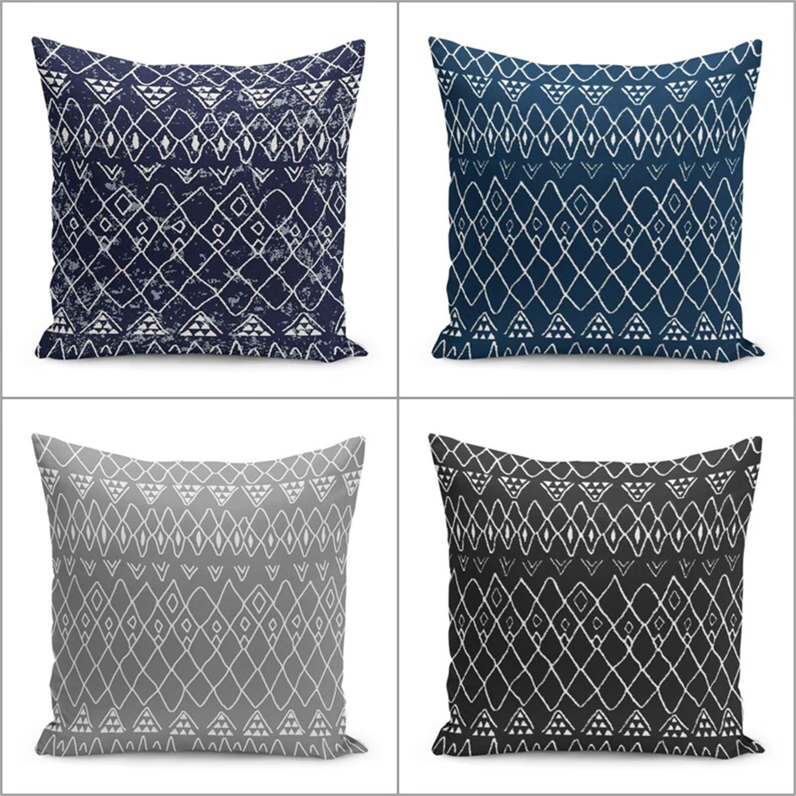 Heaen Outdoor Cushions Covers Waterproof 55x55 cm Set of 4 Square Linen Pillow Cases Grey Blue Geometric Decorative Dushions for Sofa Porch Patio Home Decor