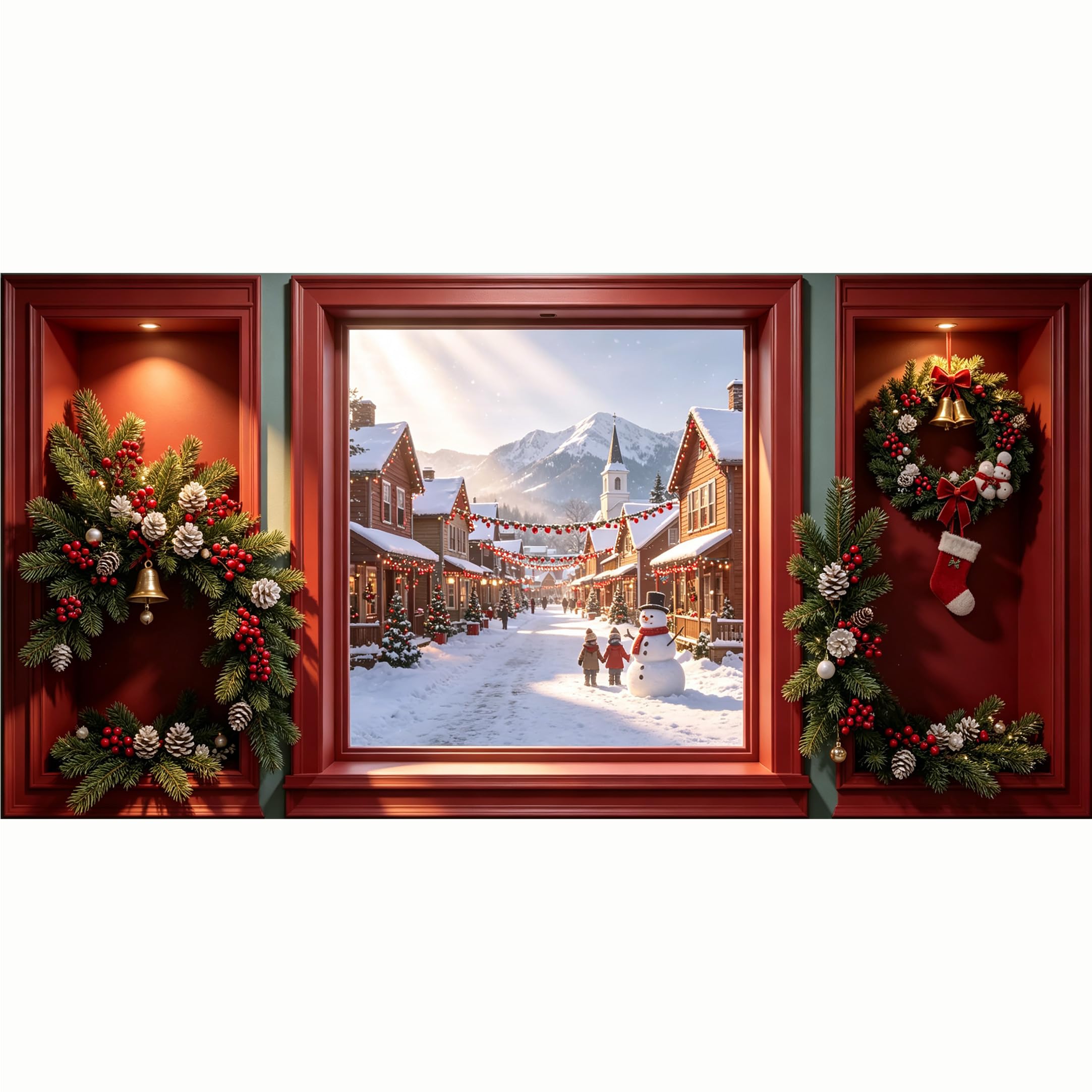 QZLITHOTIC 50x100cm 3D Framed Wall Art， Snowy Mountain Village Winter Landscape Christmas Wreath Self‑Adhesive Mural， Water‑Activated Peel & Stick Fabric Decor Wall Decal for Bedroom Living Room