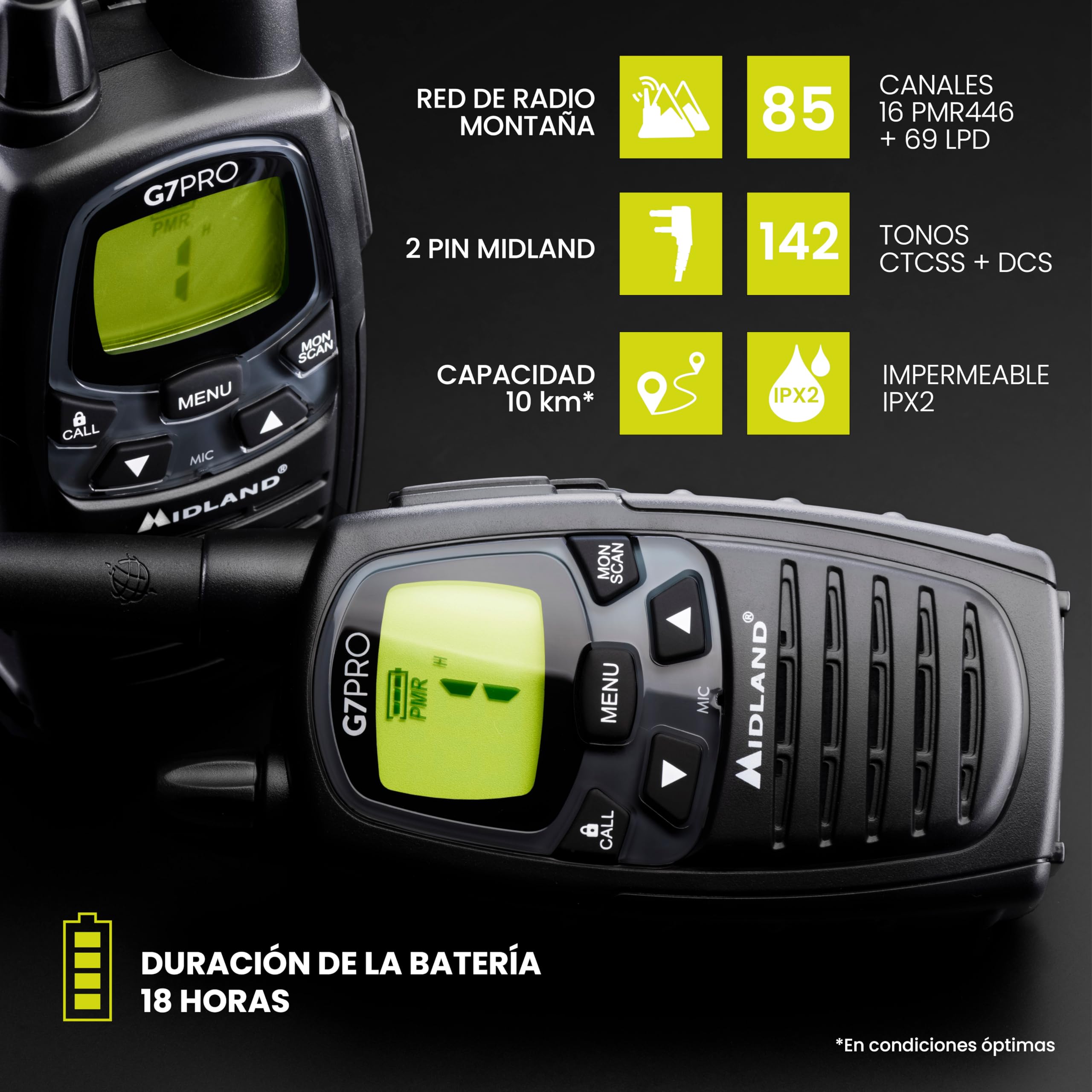Midland - Walkie Talkie Profesional Largo Alcance G7 PRO, 2 Radioaficionados Softair y Outdoor, 85 Canales - 16 PMR446/69 LPD Sin Licencia, Cobertura 10Km, Autonomía 18H, Pilas Recargables, Accesorios