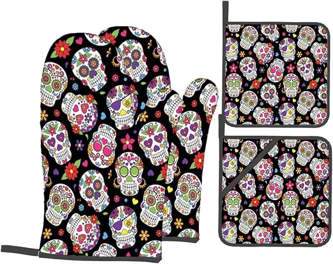 Sugar Skull,Oven Mitts,BBQ Gloves Heat Resistant,Sugar Skull Mexico Design,1 Pair Oven Mitts,Cooking Gloves for Cooking Baking Kitchen,Multicolor,4-Piece Set