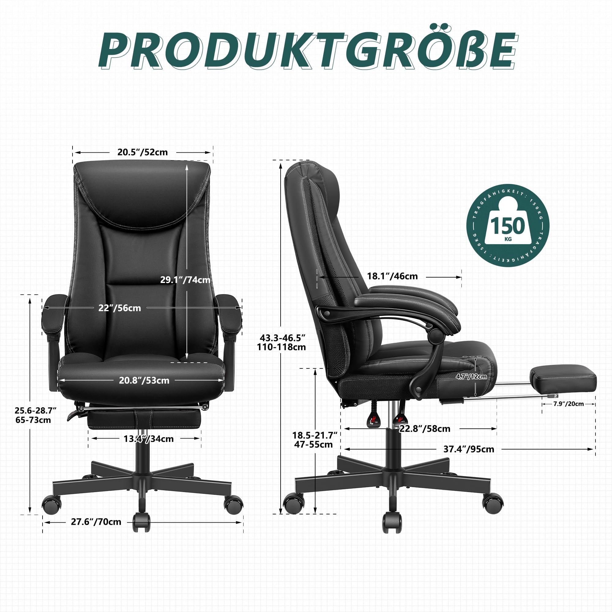 Chefsessel Breiter Bürostuhl ergonomischer Schreibtischstuhl hohe Rückenlehne 150KG mit Fußstütze Office Chair aus PU-Leder, Schwarz