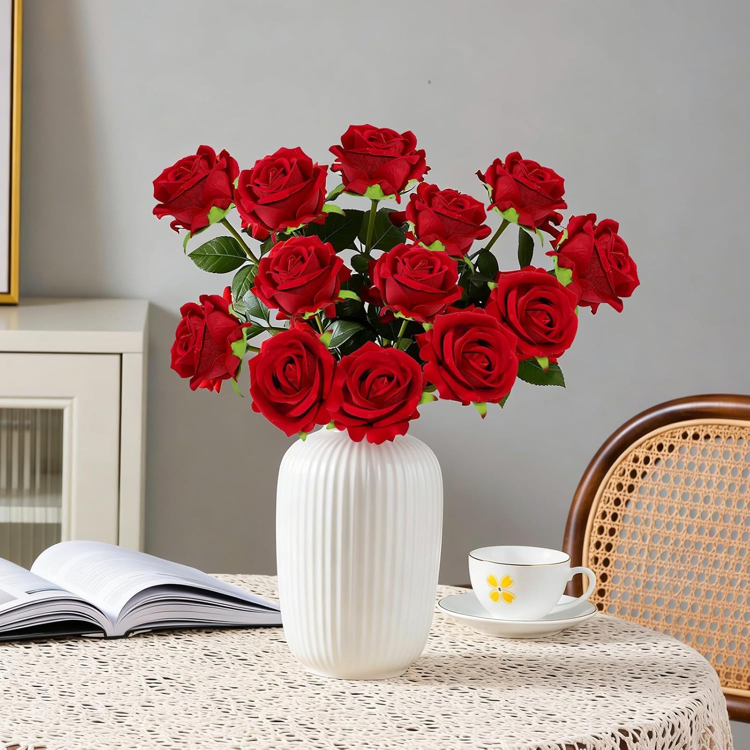 12 Pcs Red Roses Artificial Flowers, Real Touch Fake Velvet Flowers with Stems in Bulk for DIY Home Decor, Wedding, Party, Mother's/Valentine's Day Gifts - Image 4