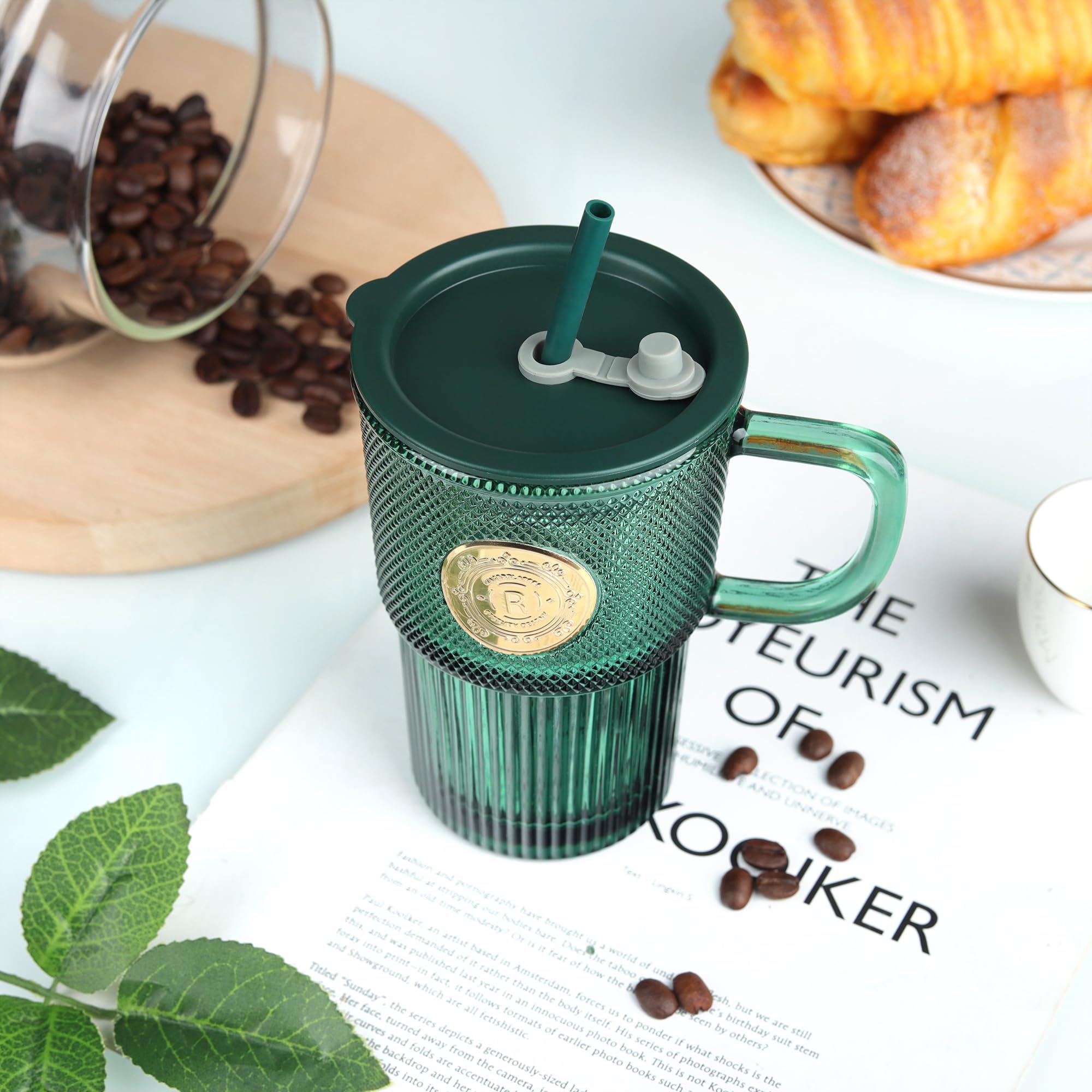 Joeyan 430ml Green Glass Tumbler with Straws and Lids, Glass Mug Iced Coffee Cup with Handle Set of 2 - Image 3