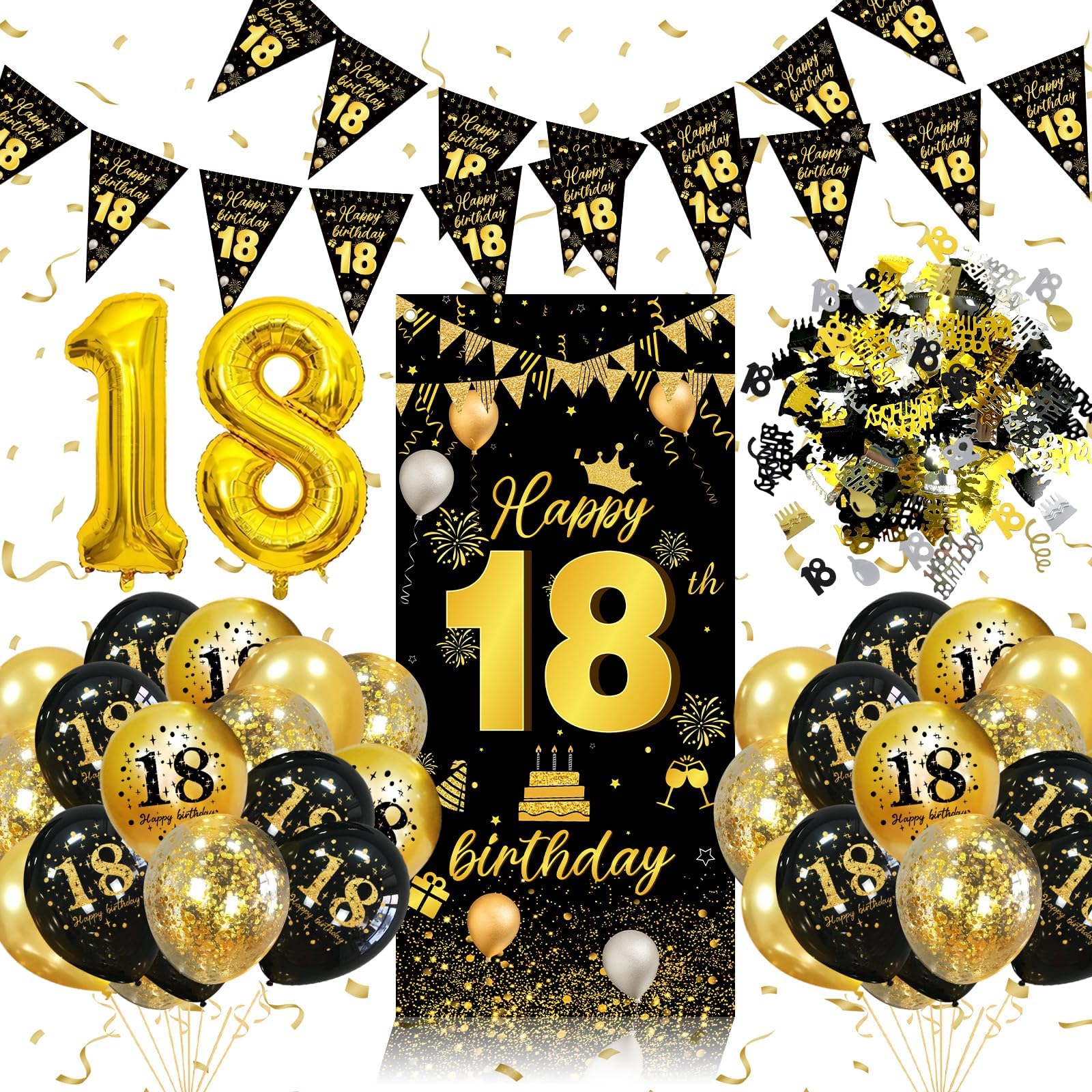 18th Birthday Decorations for Boys Girls, 18th Birthday Balloons Black Gold with 18 Balloons, Triangle Flag Banner, Banner | 18 Year Old Party Supplies Decor