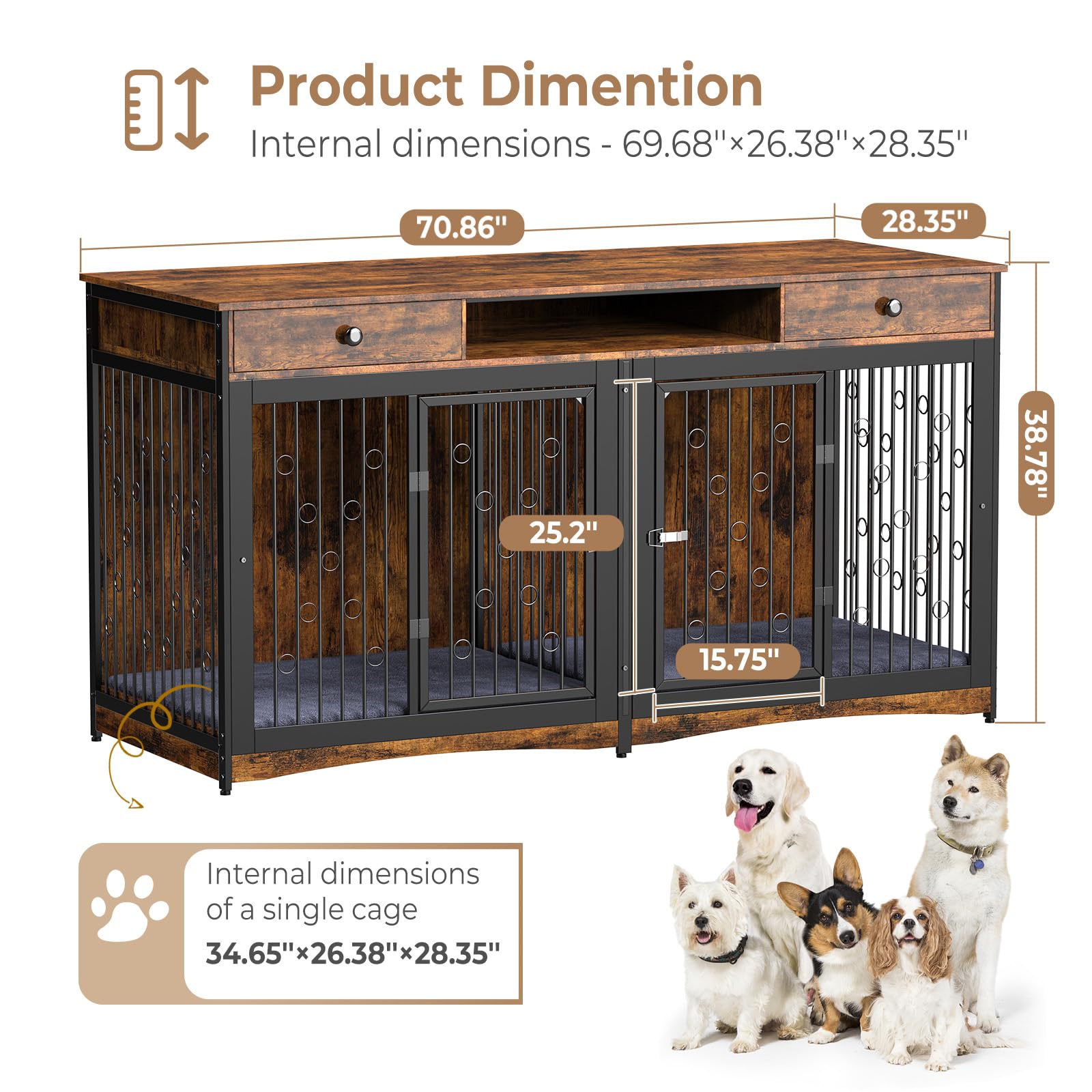 Image showcasing Snapklik.com : Lyromix 71 Dog Crate Furniture For 2 Large Medium Dogs ...