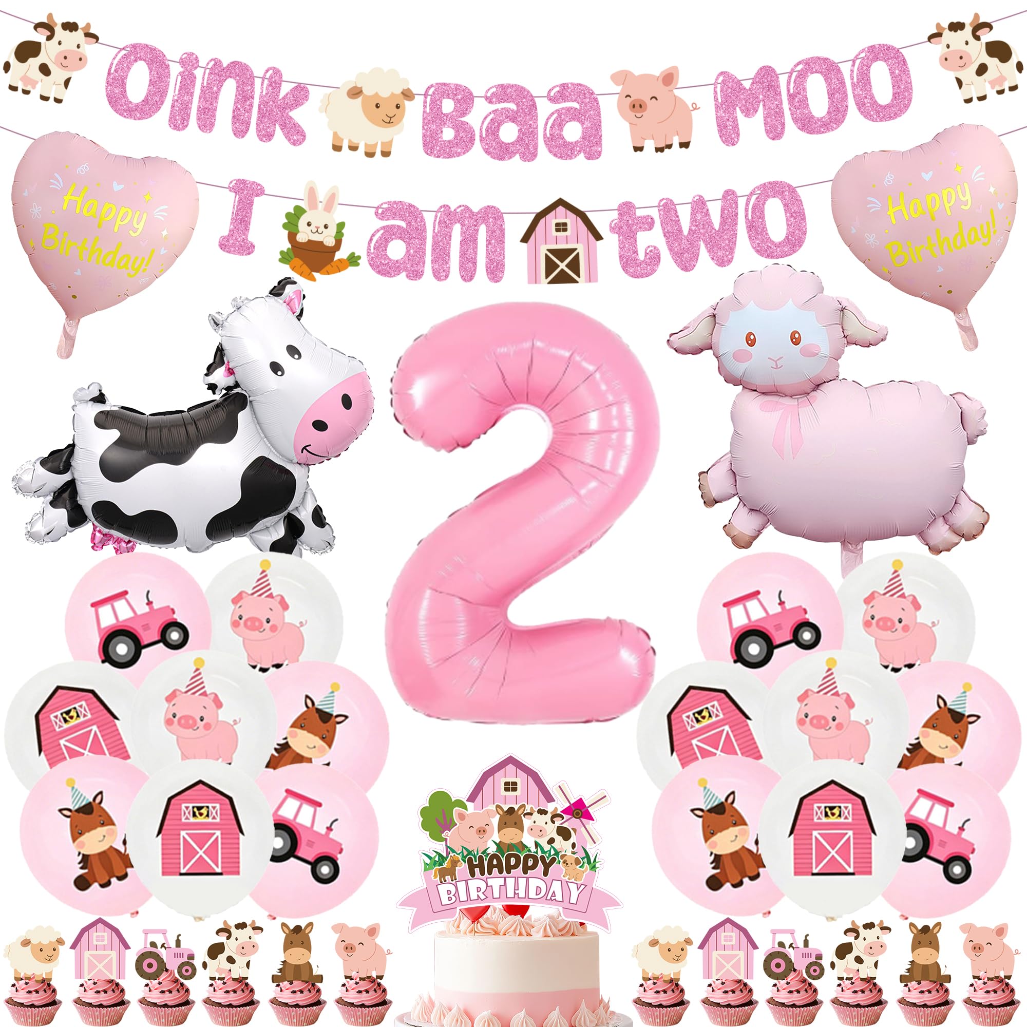 2nd Birthday Decorations for Girls - 36 Pcs Pink Farm Themed Oink Baa Moo I Am Two Banners Cattle Sheep Heart Number Foil Balloons Cake Toppers for 2 Years Old Girl Party Decor Supplies