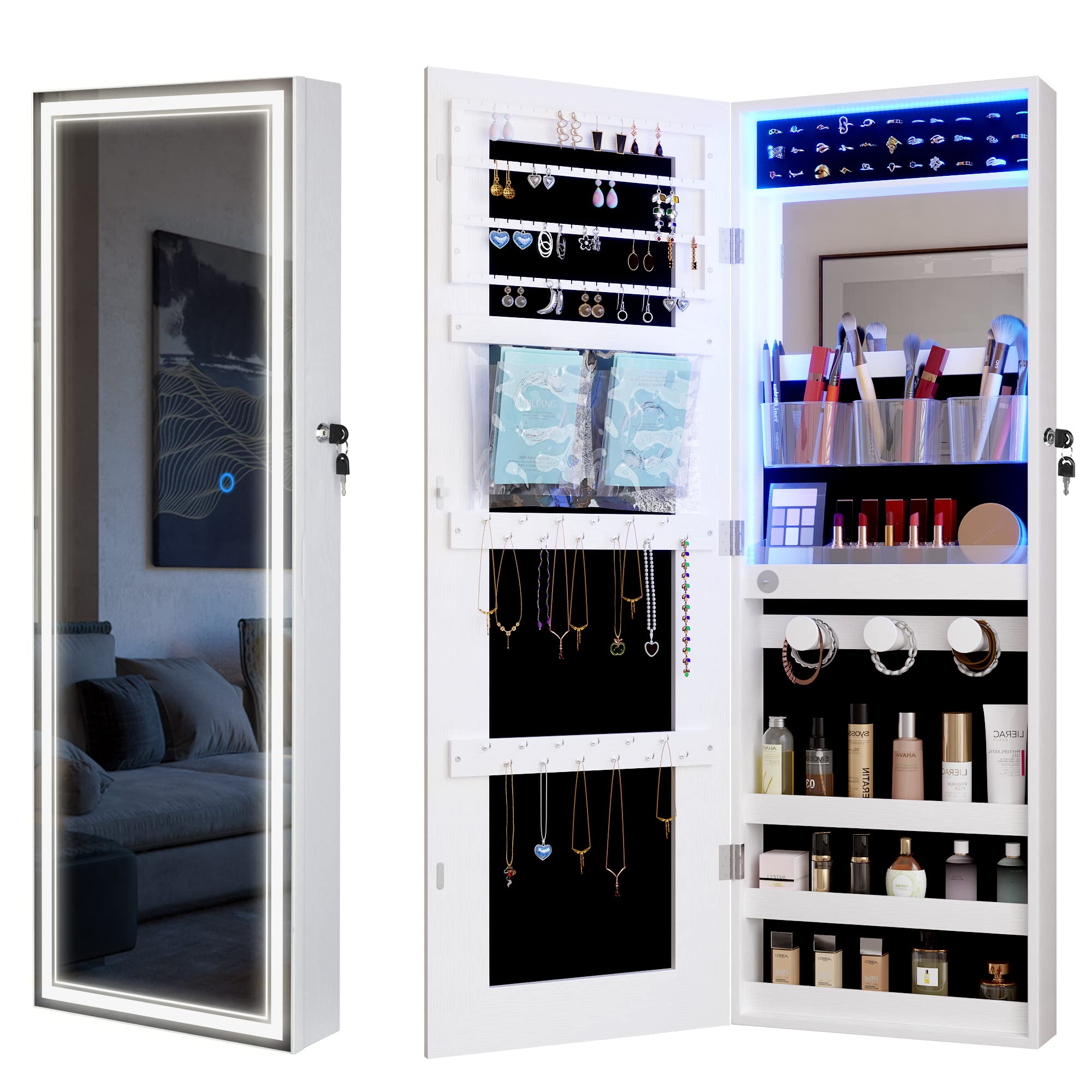 Vlsrka Led Lights Full-Length Mirror Jewelry Armoire Organizer, Wall ...