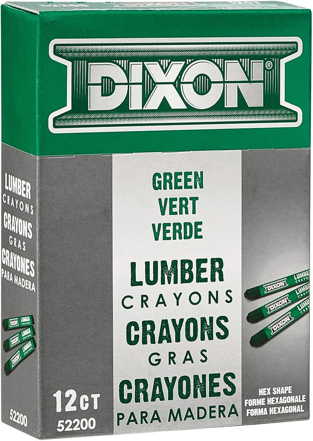 DIXON Industrial Lumber Marking Crayons, 4.5" x 1/2" Hex, Green, 12-Pack (52200)