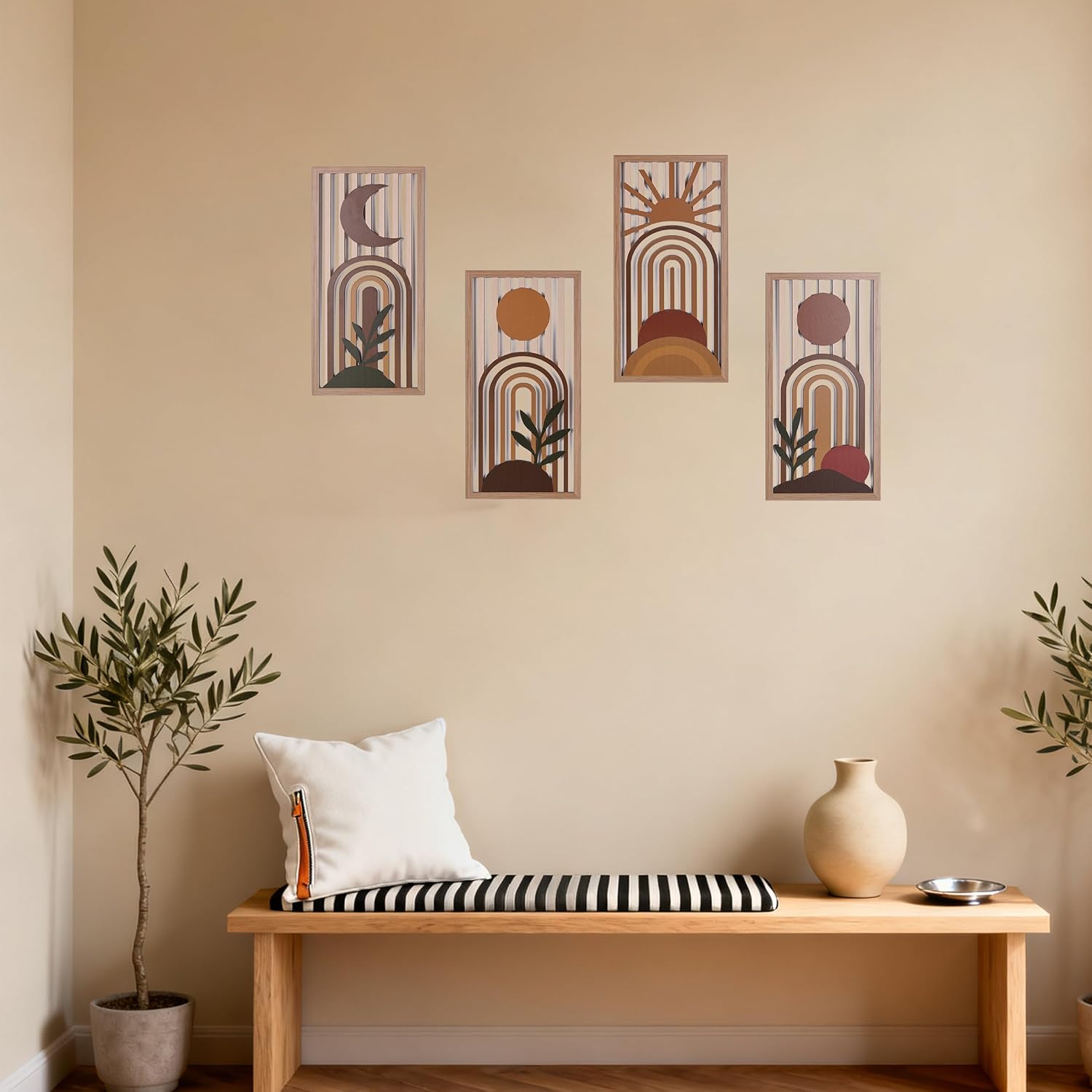 Boho Wall Art Set of 4, Terracotta Wall Decor & Burnt Orange Bedroom Decor, Orange Modern Wall Art with Arch/Botanical Design - Mid-Century 3D Wooden Abstract Geometric Artwork for Home Living Room Office(C)